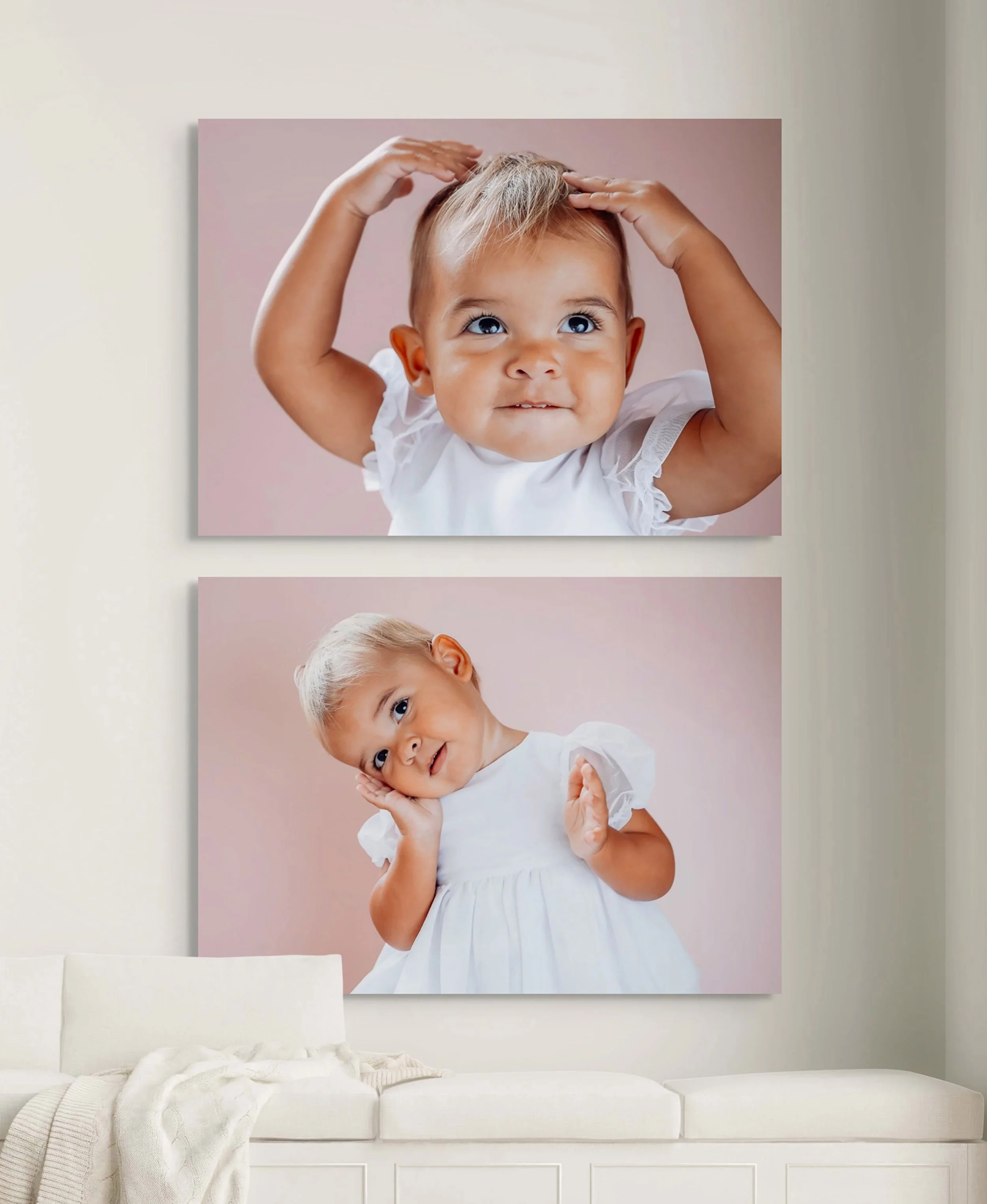 A large photo of a young girl with blond hair and big blue eyes on a pink background, looking up and holding her head with both hands. Another similar photo of a young girl with blonde hair on a pink background is partially visible below.