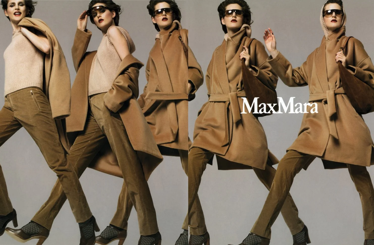 Group of women dressed in various shades of brown and tan clothing, posing together with some wearing sunglasses and carrying handbags, with the Max Mara logo visible.
