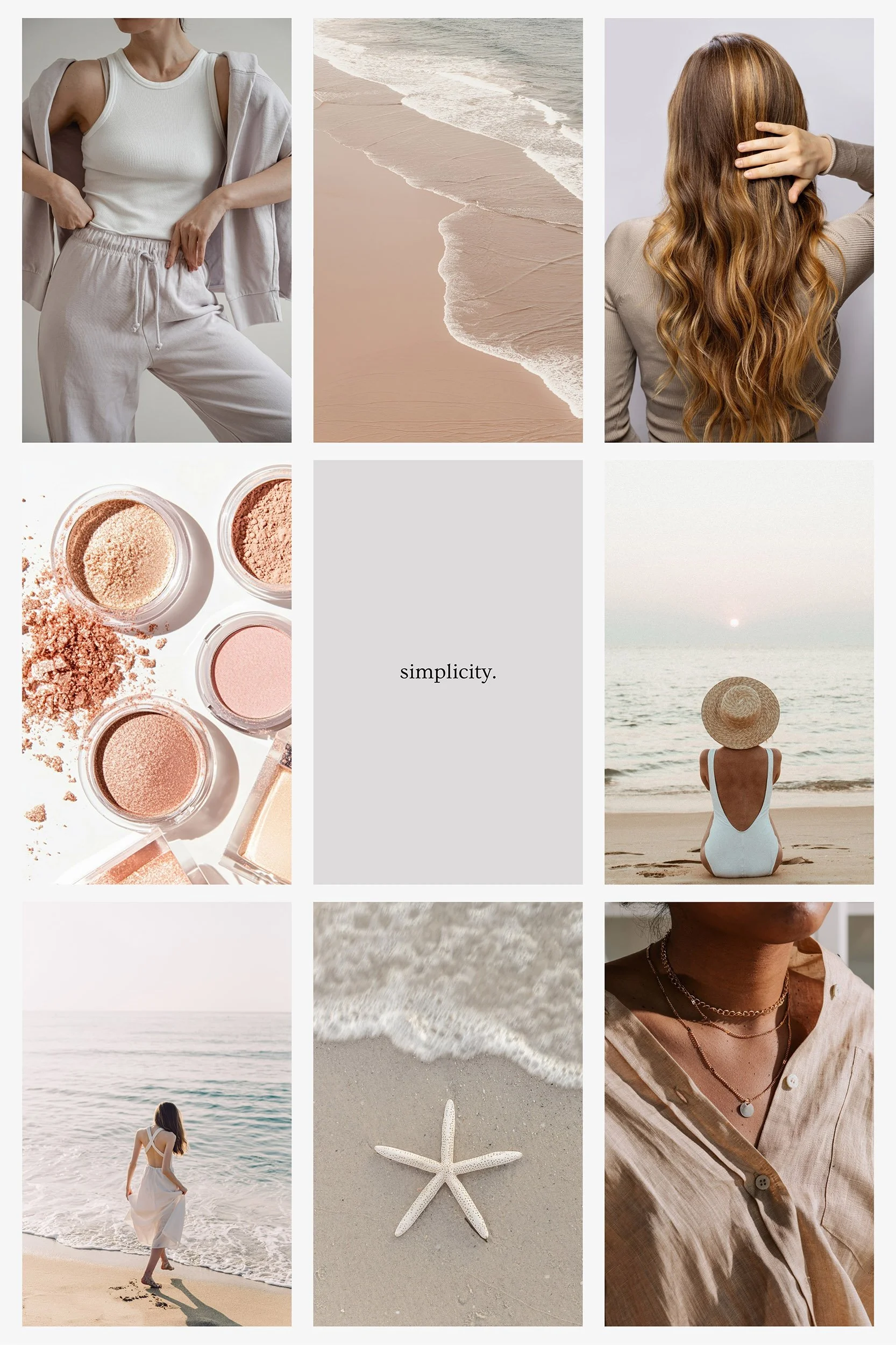 Collage of beach and summer lifestyle scenes, including women in summer clothing, a starfish on the sand, ocean waves, and calming neutral tones.