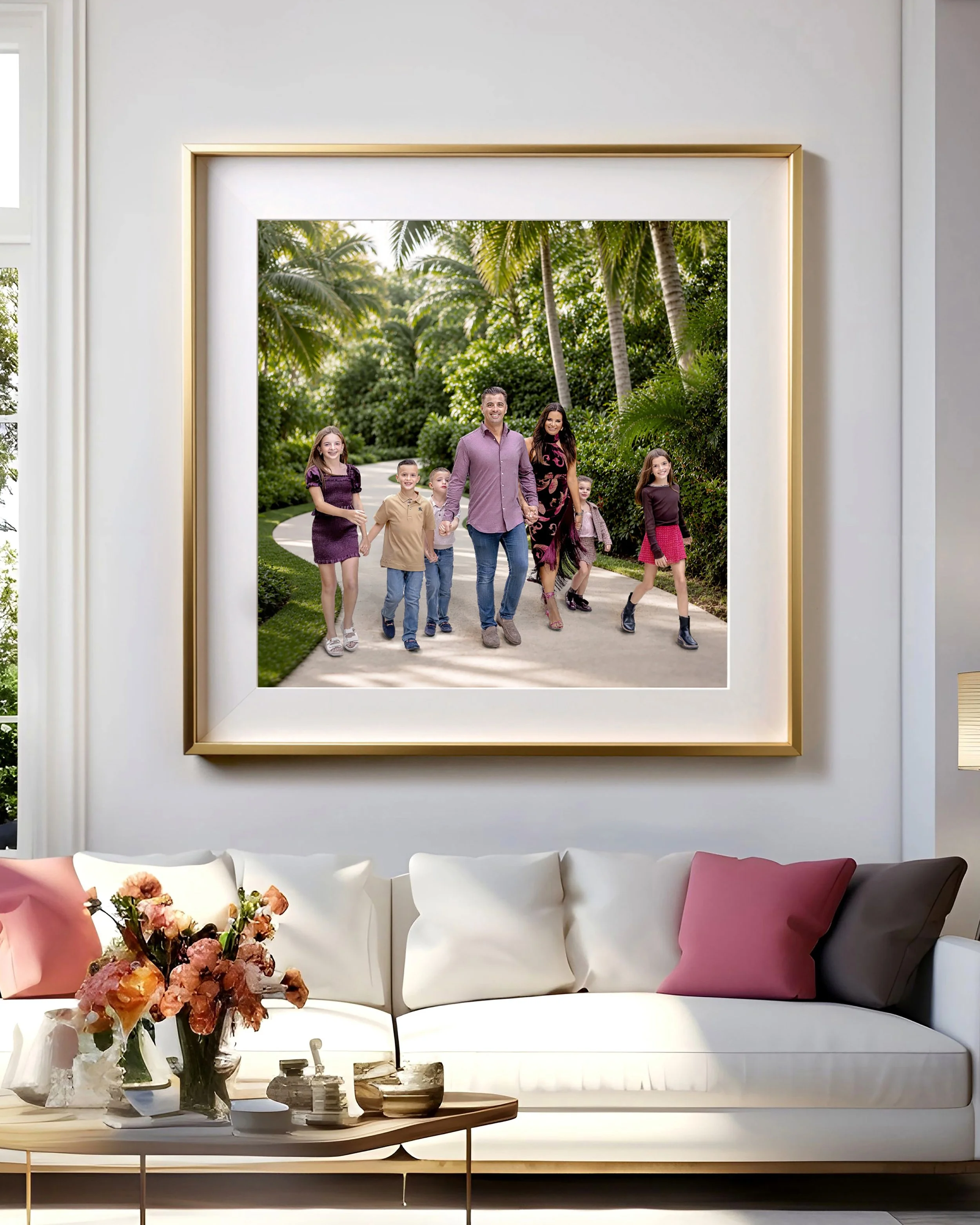 A framed photo of a family walking along a sunny pathway surrounded by lush tropical greenery, hanging on a white wall above a white sofa with pink and purple pillows in a modern living room.