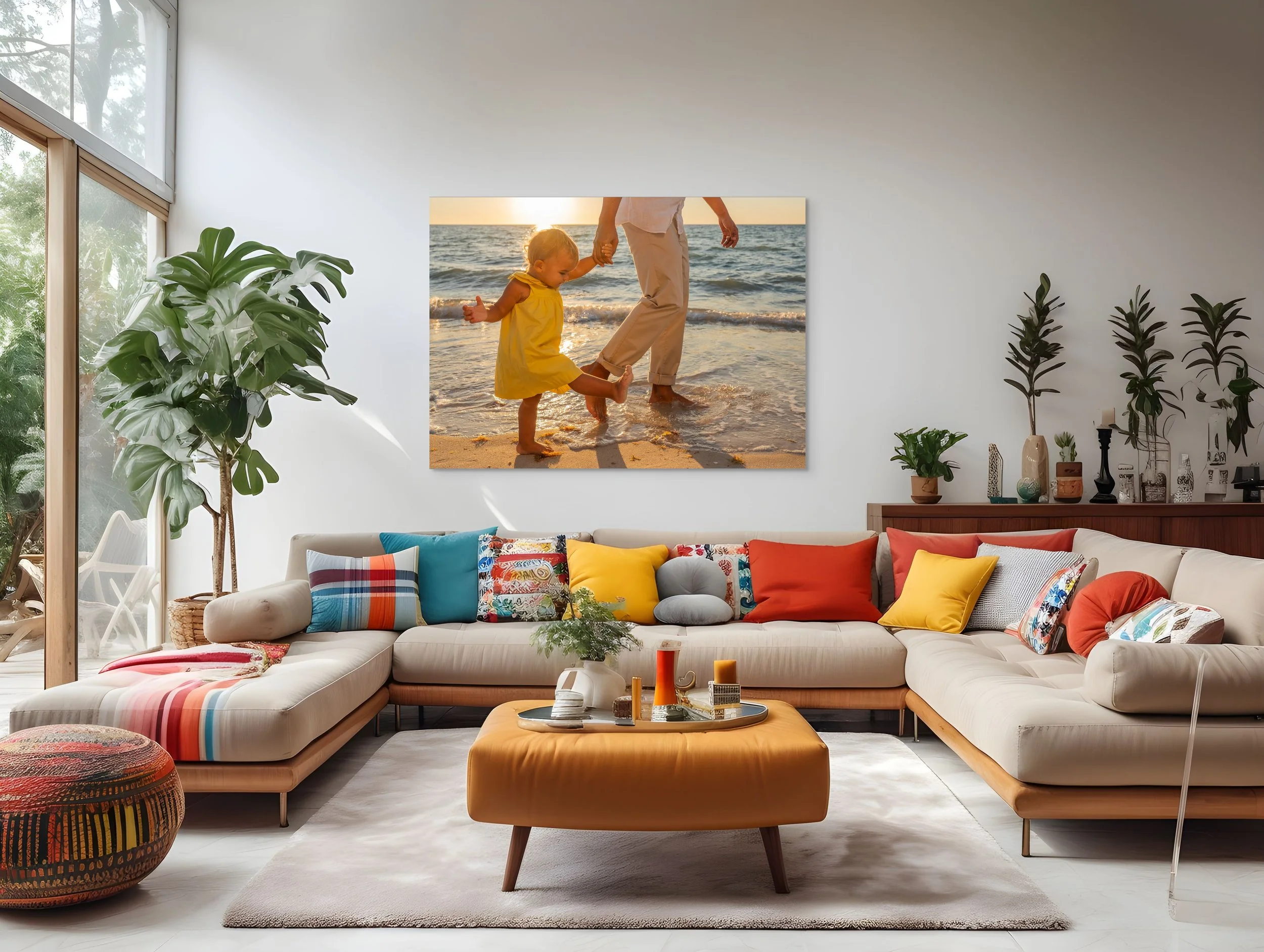 Living room with a light-colored sectional sofa decorated with colorful throw pillows, a yellow ottoman serving as a coffee table with candles and decor, a large wall art of a child and adult on the beach at sunset, and potted plants near a large win