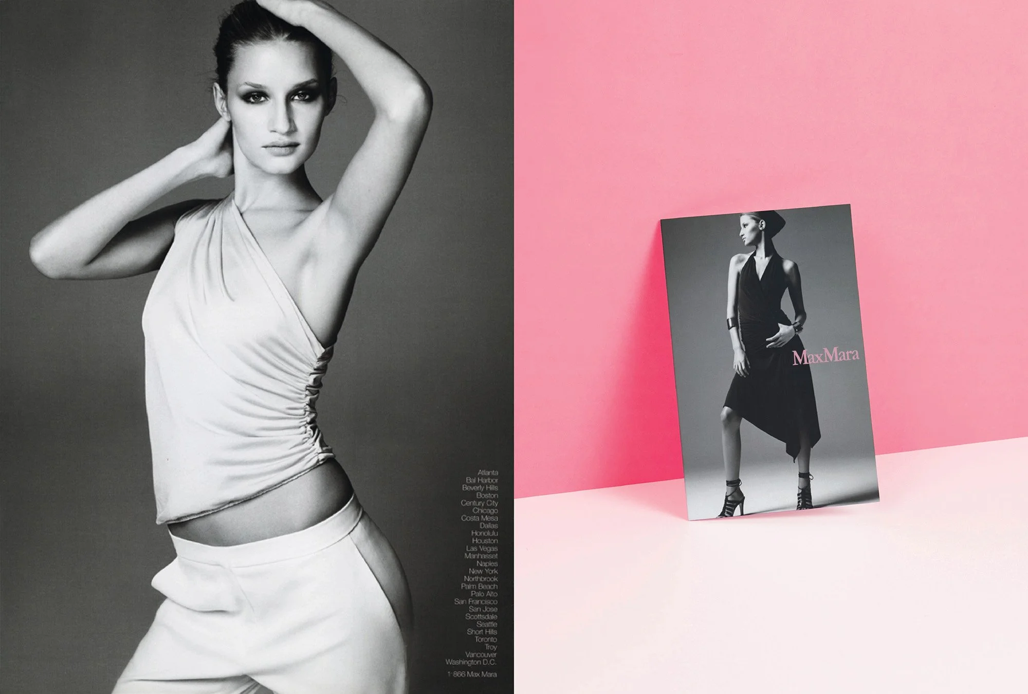 Black and white fashion photograph of a woman with short hair, dressed in a sleeveless top and shorts, looking directly at the camera with her hand behind her head. Beside the photograph, there is a pink wall with a poster of the same woman in differ