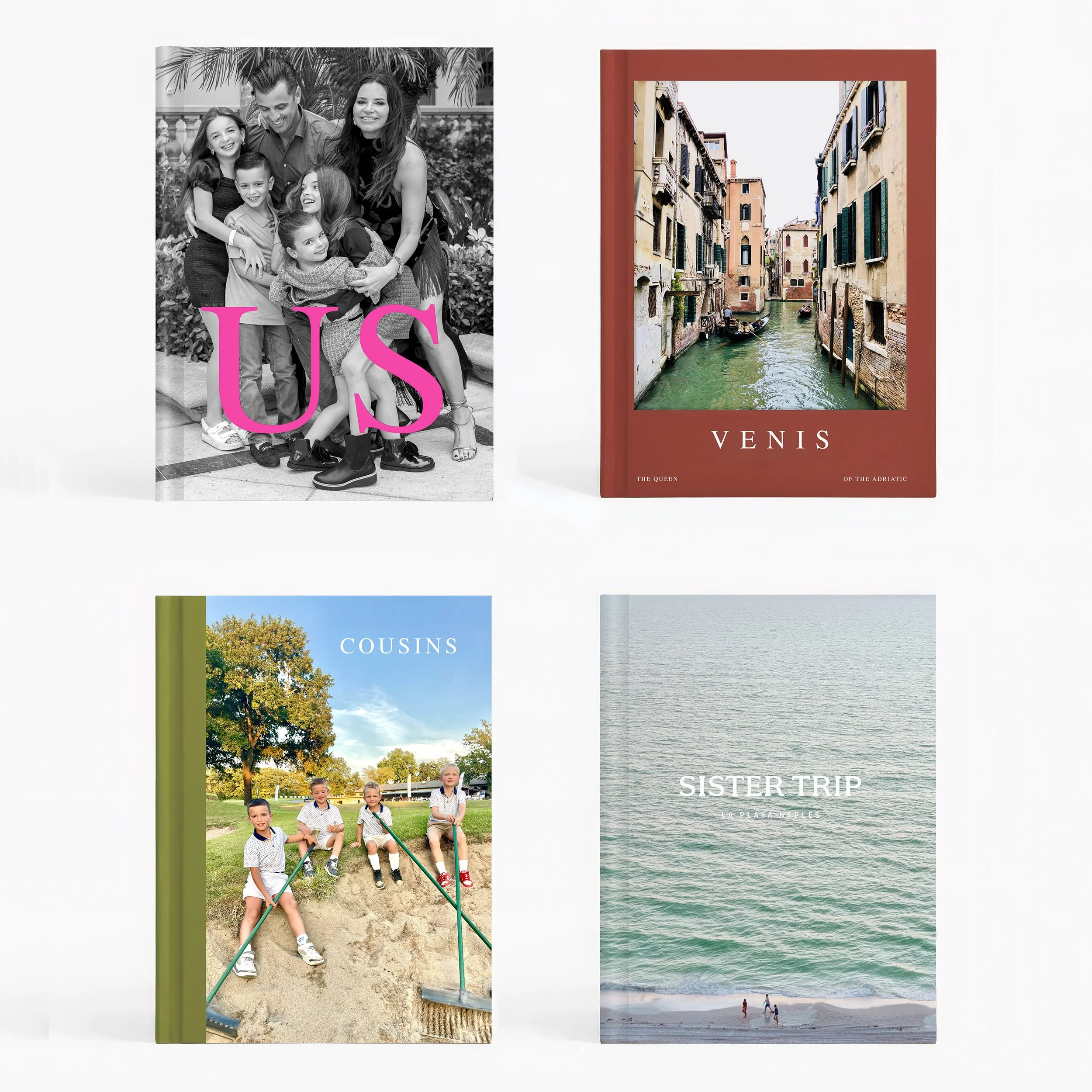 Four travel books with scenes of family, city, and beach vacations.