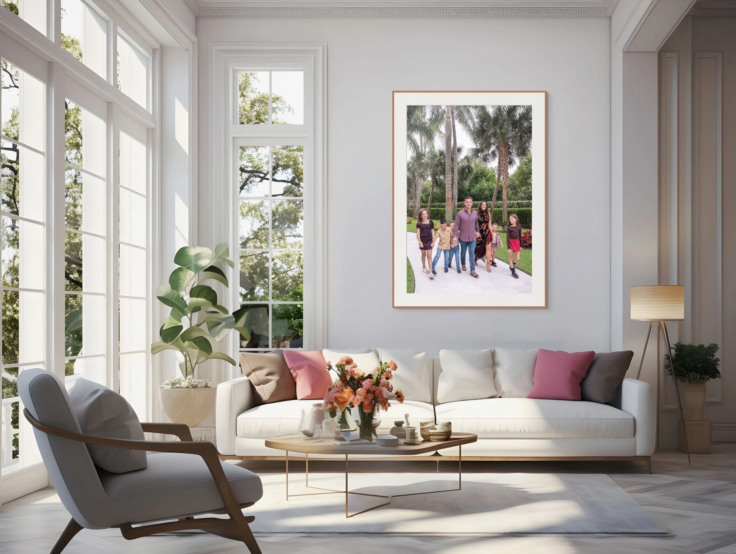 A bright living room with large windows, a white sofa with pink and gray pillows, a modern armchair, a coffee table with a floral arrangement, a tall floor lamp, and a framed family photo on the wall.