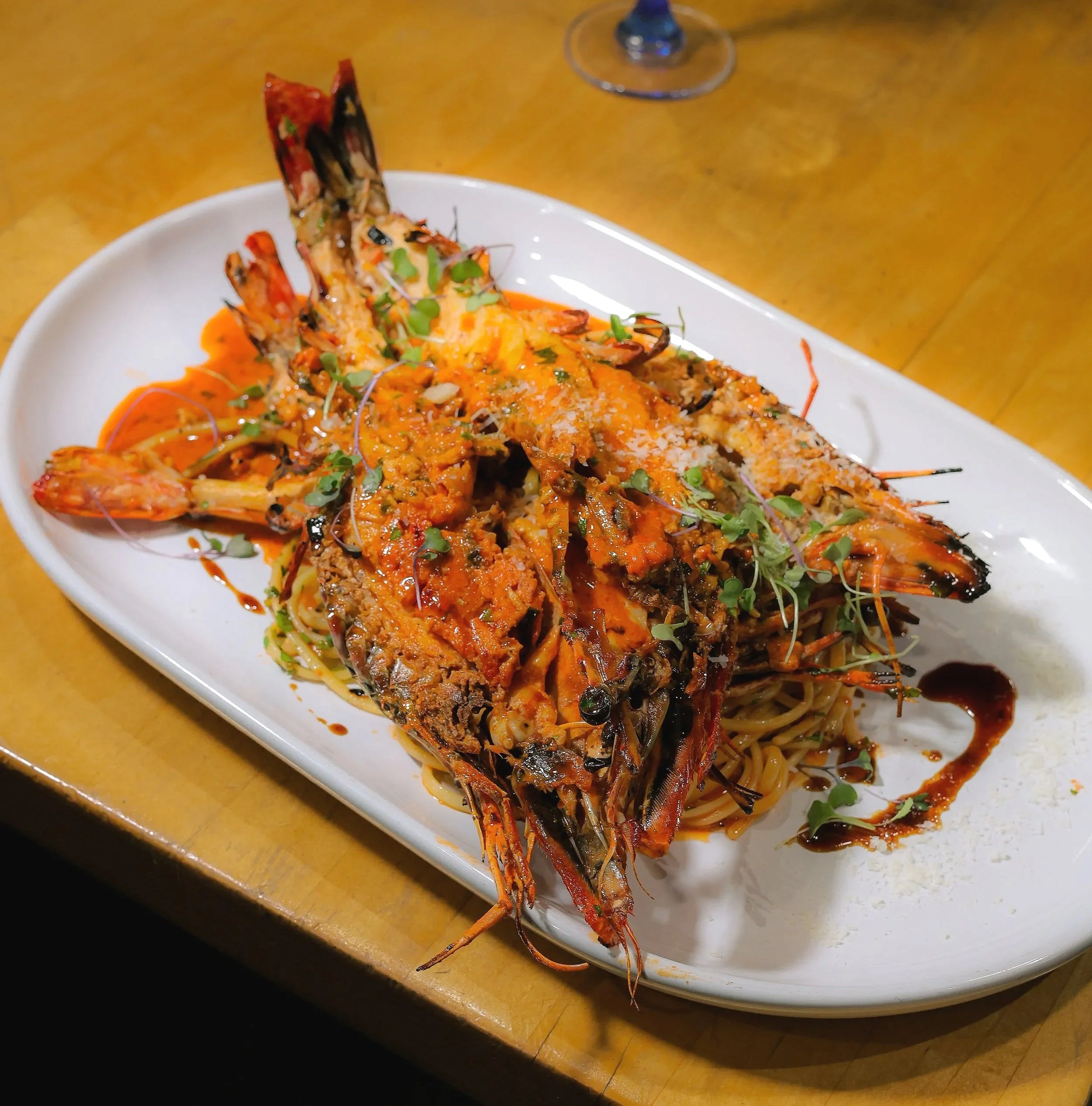 Colossal Prawns, Linguini, Roasted Garlic Parmesan Cheese Sauce