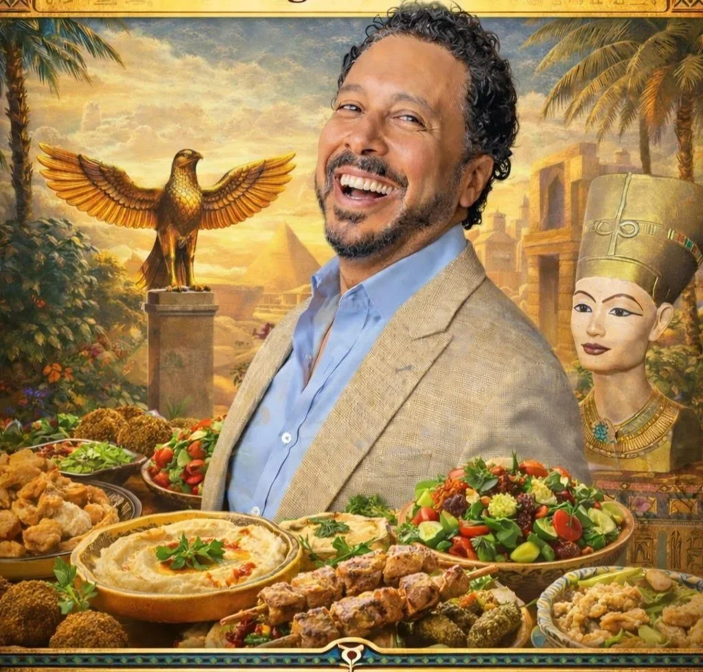 A smiling man in a beige blazer and blue shirt stands in front of a backdrop featuring Egyptian artifacts and pyramids. In front of him are various Middle Eastern dishes, including hummus, salads, and grilled meats.
