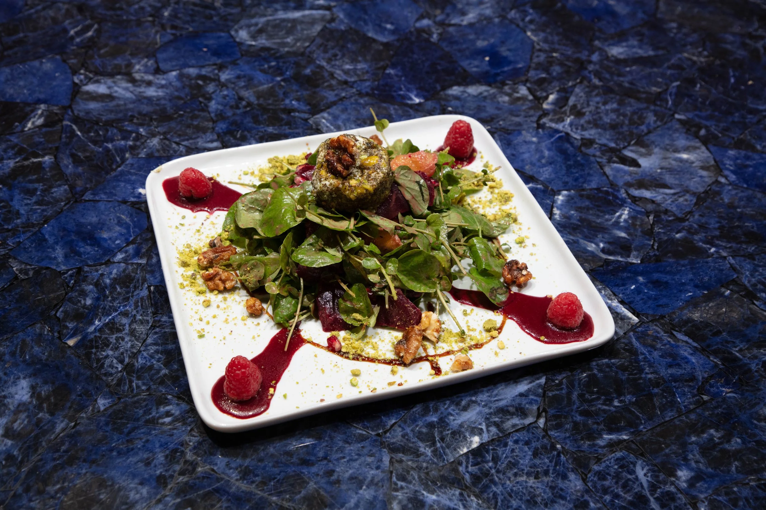 Roasted Beets, Watercress,  Pineapple, Fresh Citrus, Honey Pistachio Crusted Goat Cheese