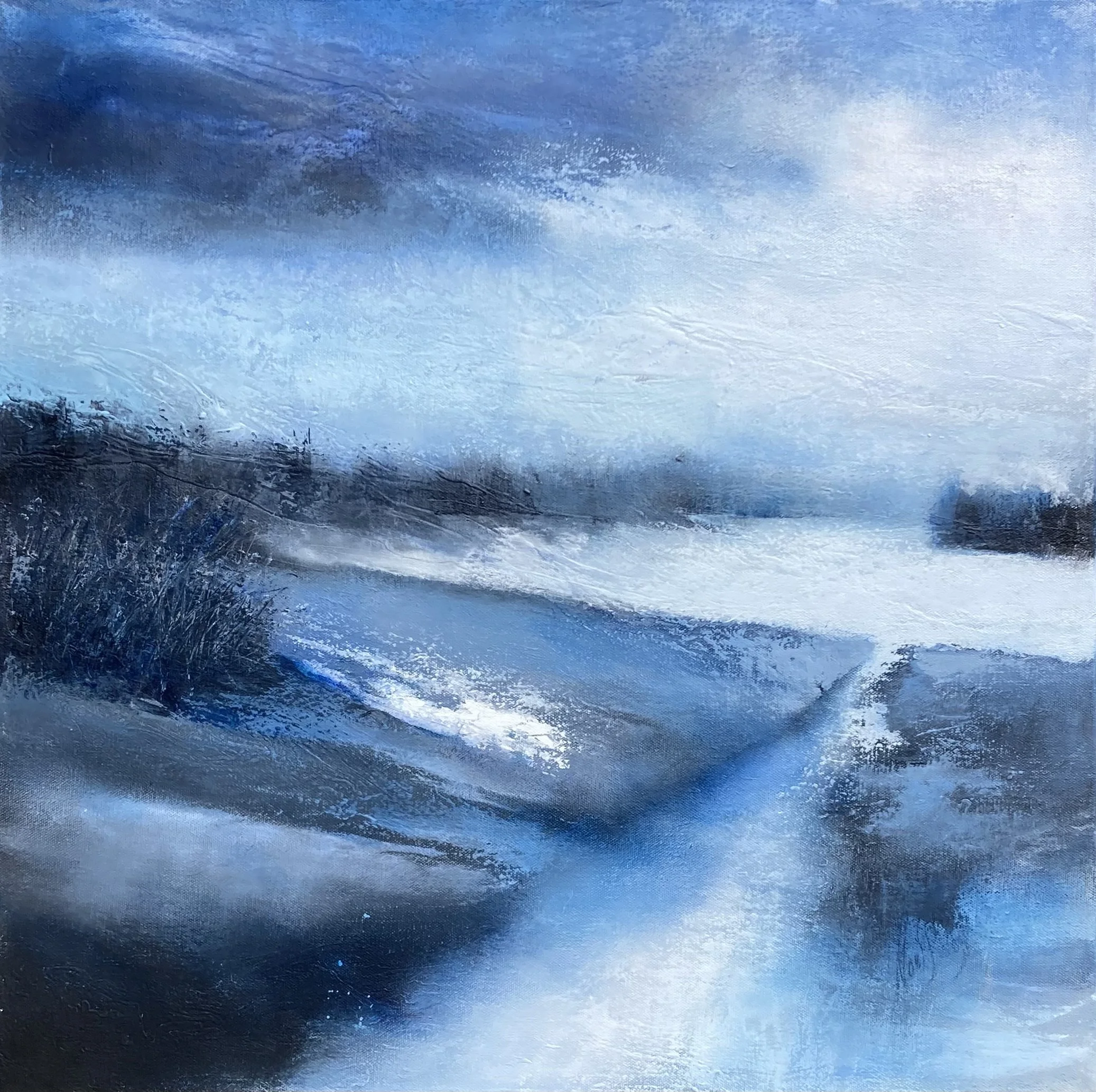 Winter's Edge by Noel Soucy rendered primarily in shades of blue and white. The artwork depicts a misty, atmospheric landscape, possibly a winter's scene or seascape, with dark land masses or vegetation framing a bright body of water or ice.