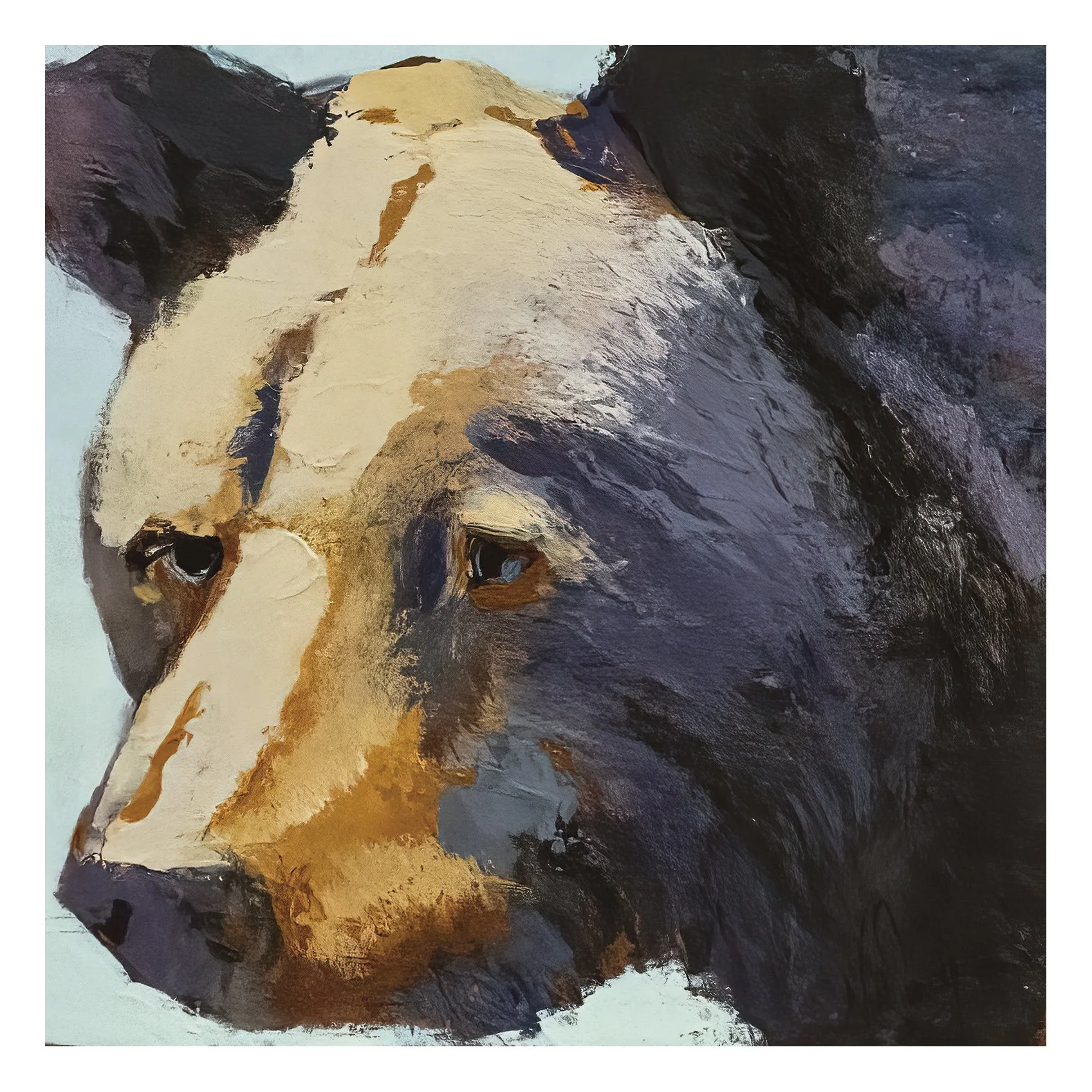 Abstract bear portrait painting with textured brushstrokes, brown and white wildlife artwork on a soft neutral background