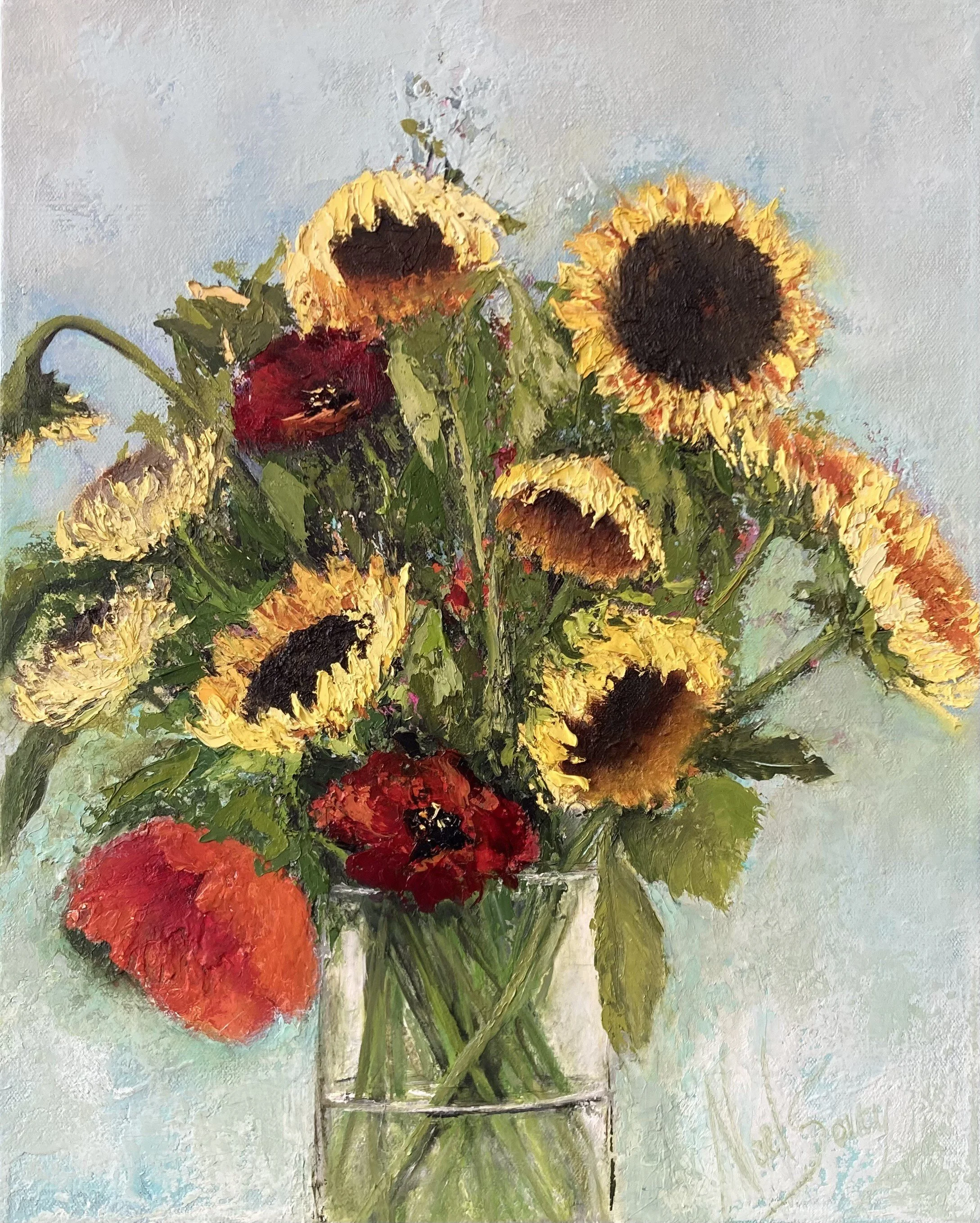 Sunflowers painting, original oil on canvas artwork, floral art, red poppies in vase, contemporary art.