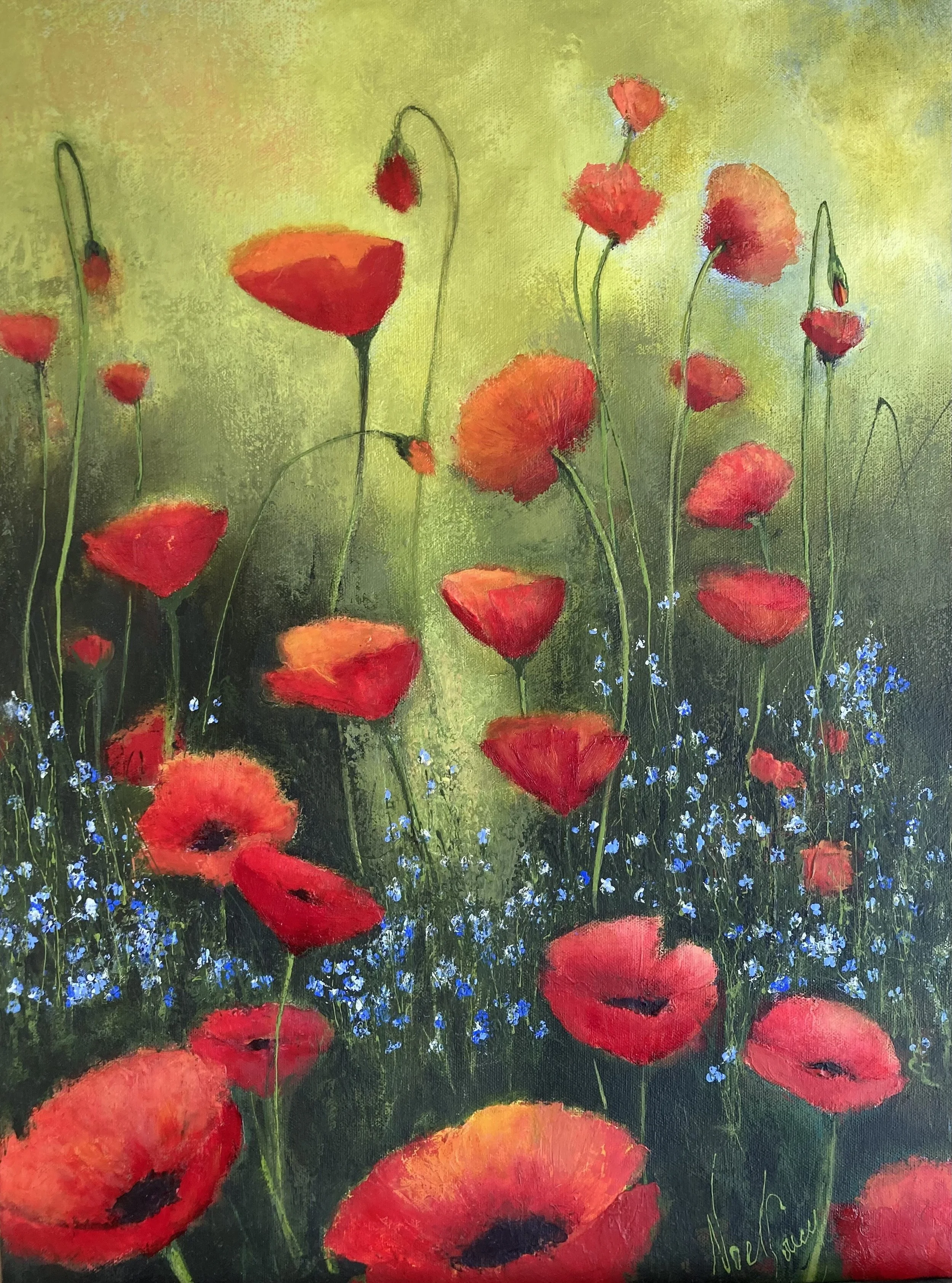 Vibrant oil painting featuring a field of red poppies and small blue flowers with a green and yellow background, an artwork by Noel Soucy
