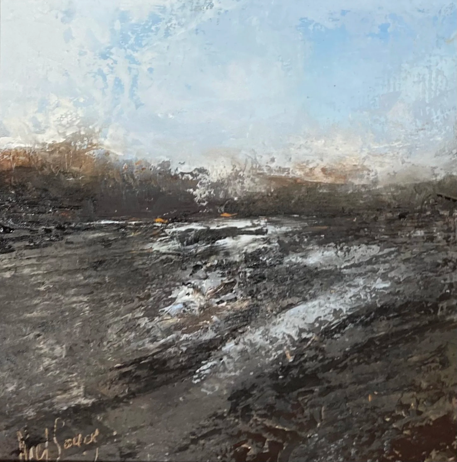 Patches of Ice by Noel Soucy, oil on aluminum painting of a dark, textured coastal landscape with white patches and light blue sky.