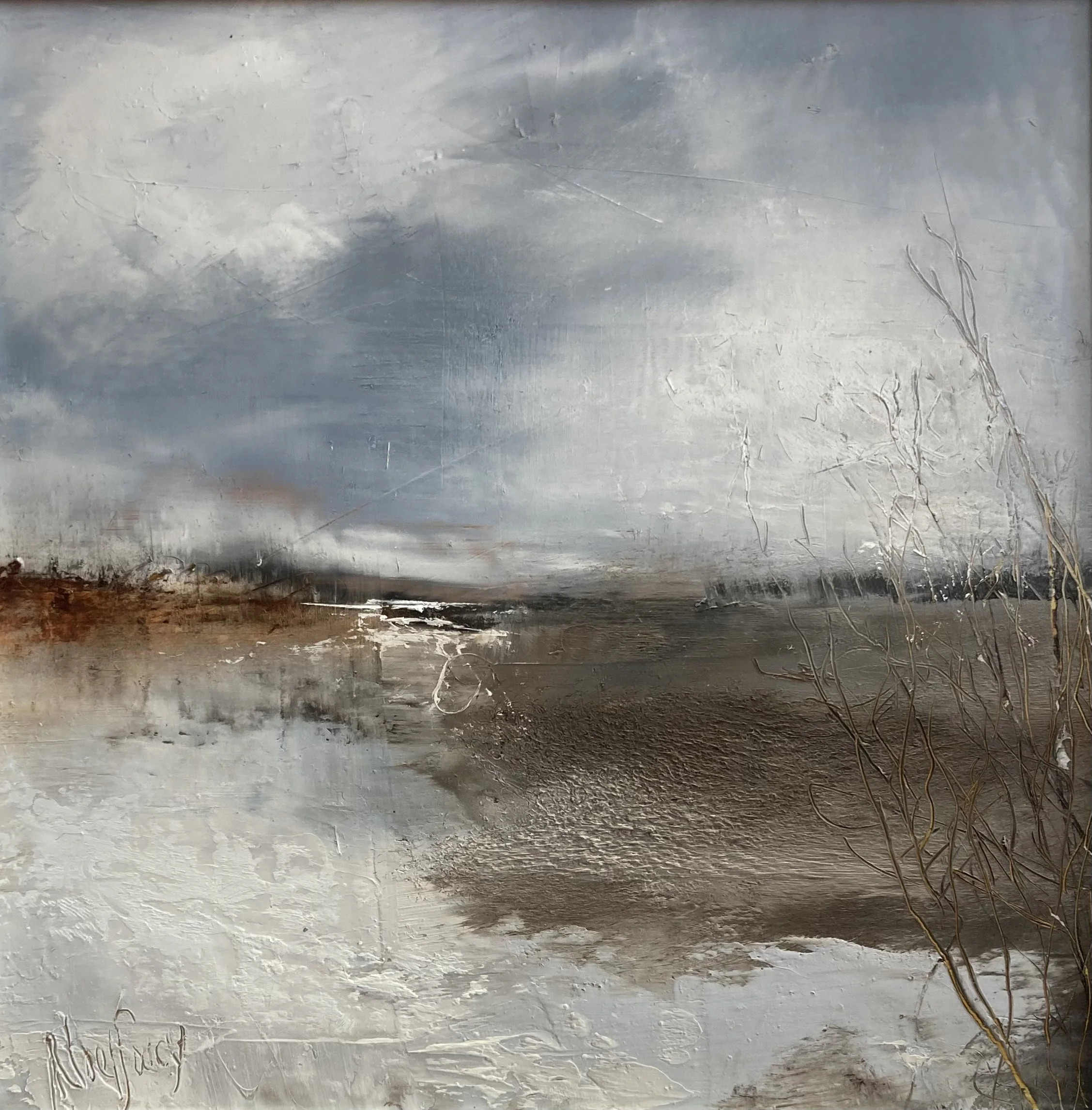 Textured abstract landscape painting by noel soucy in muted grays, browns, and white; mixed media art, stormy sky, bare branches.