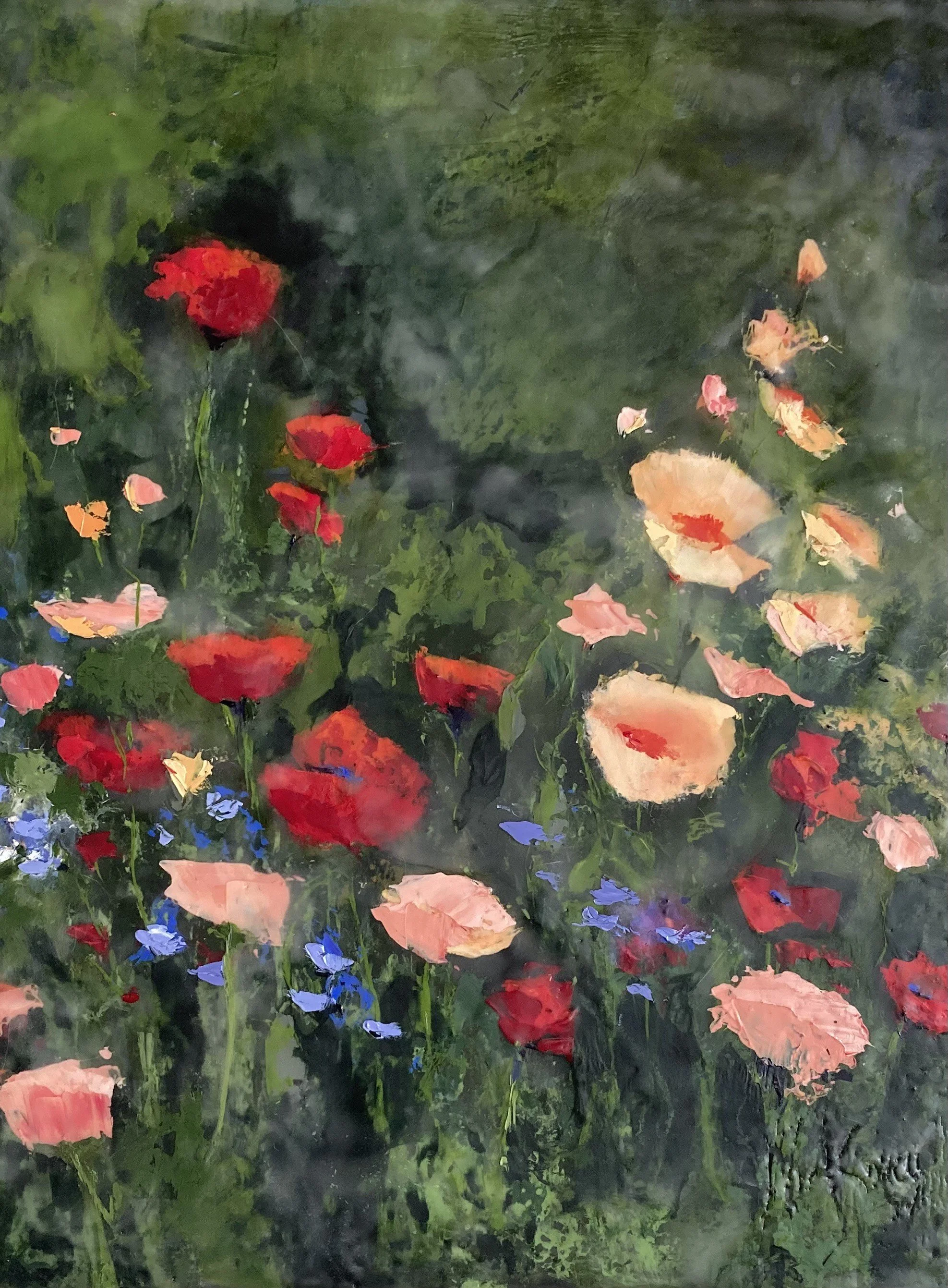 vibrant impressionist painting of a poppy landscape, featuring bright red and soft pink flowers with blue accents against a dark green background.