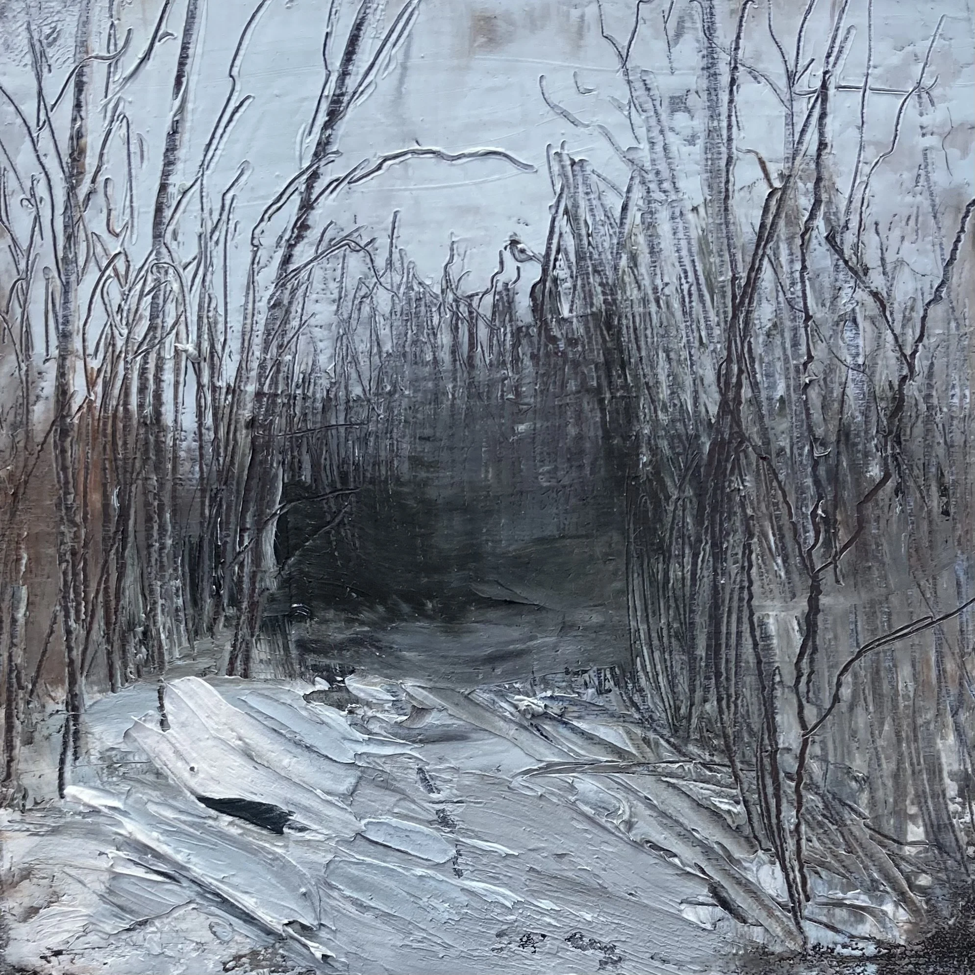 Expressionist painting of a dark, snowy forest path in grayscale with heavy texture.