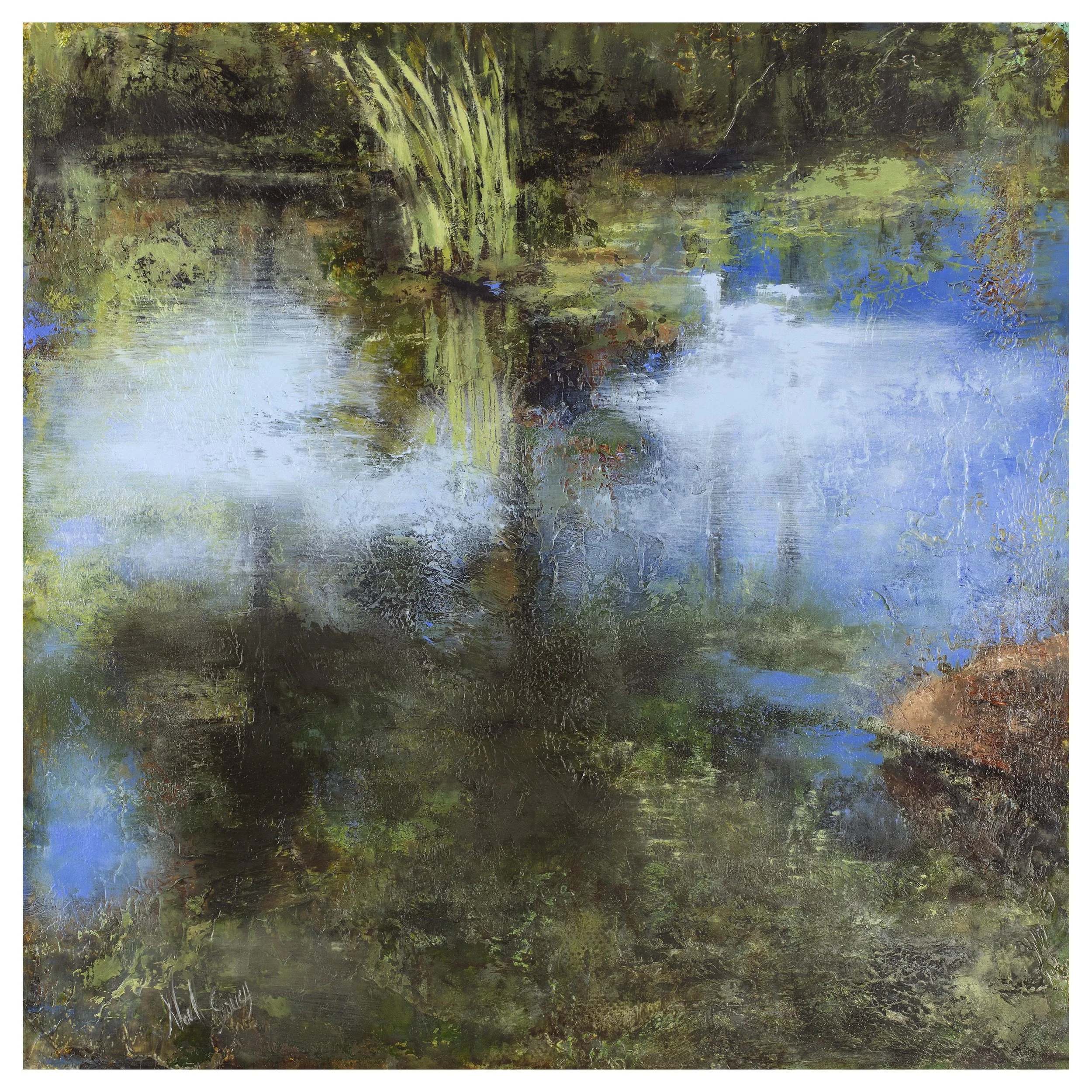 Abstract forest landscape painting with trees and water reflections, textured nature artwork in green, blue, and earthy tones.