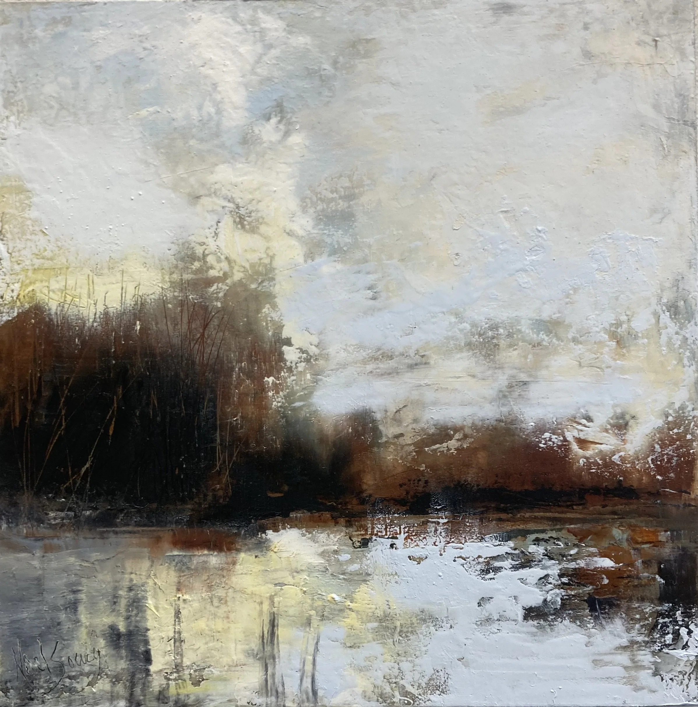 abstract landscape painting by noel soucy featuring a textured, moody scene with dark brown foliage and white, gray, and yellow sky and reflections on water.