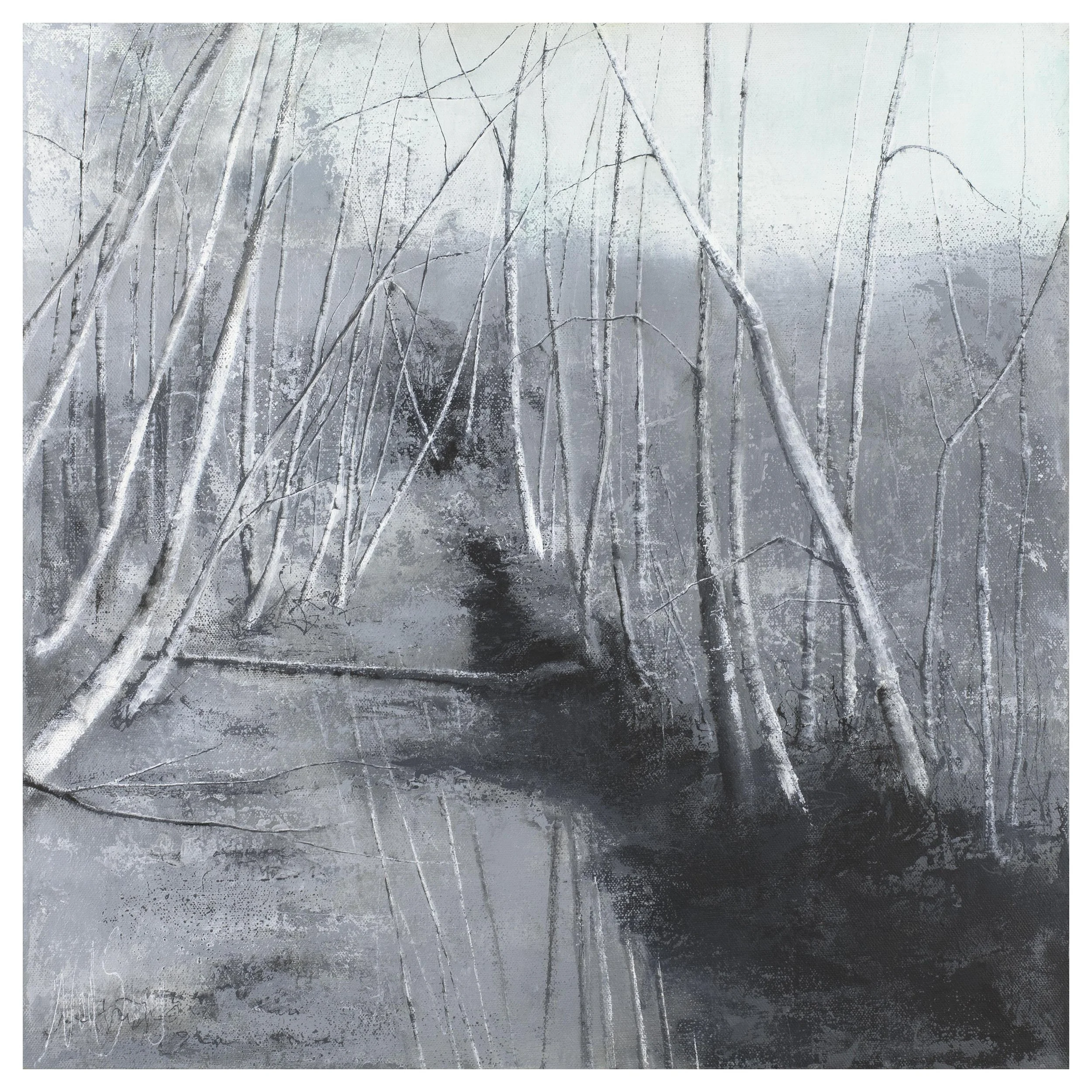 A black and white painting of a forest or wetland with numerous white-trunked bare trees and a dark, winding stream or path leading into the misty distance