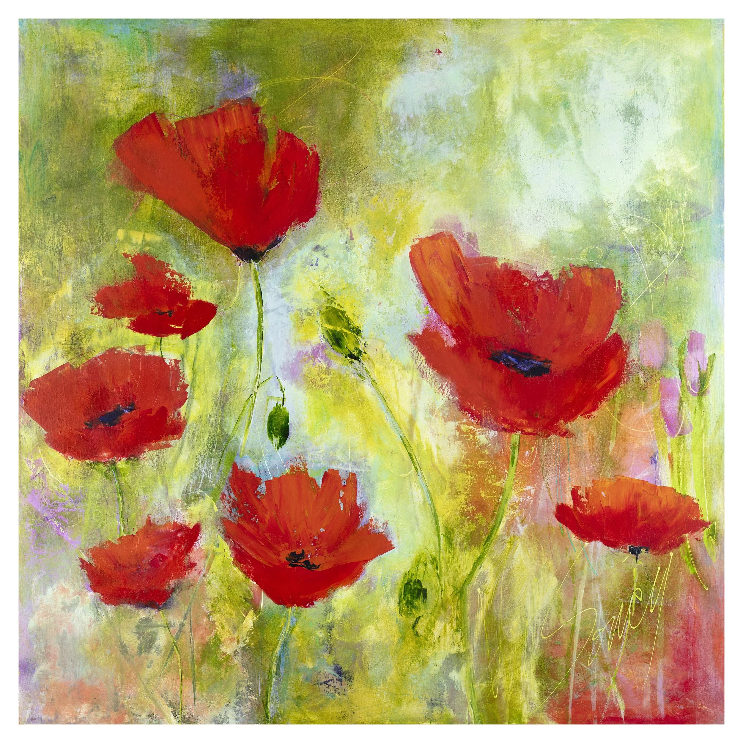 Abstract floral painting of bright red poppies in a green meadow, expressive textured artwork with soft pastel background and vibrant poppy flowers.