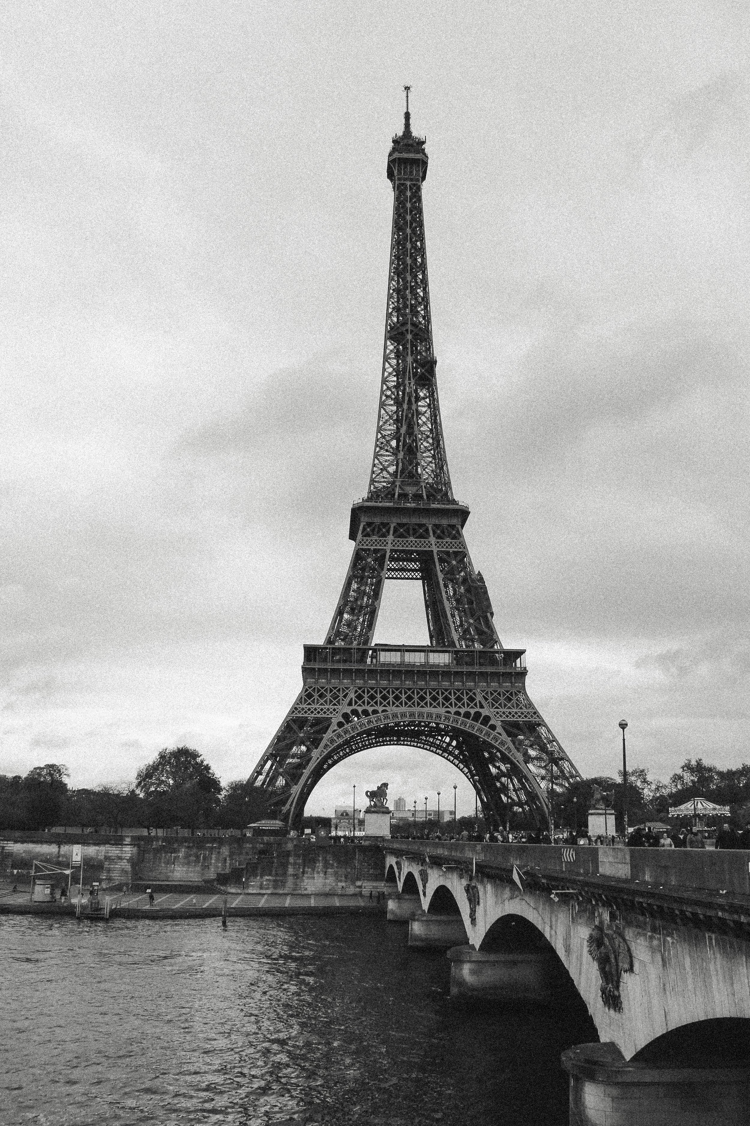 Black white photo Eiffel Tower Paris