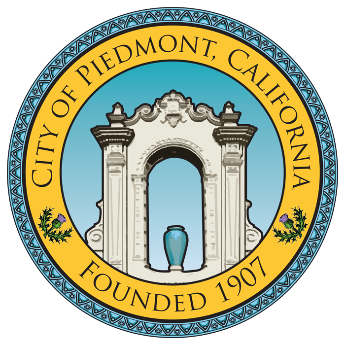 Seal of the city of Piedmont, California, with a decorative border, a historic archway with a vase in the center, and the text "City of Piedmont, California, Founded 1907"