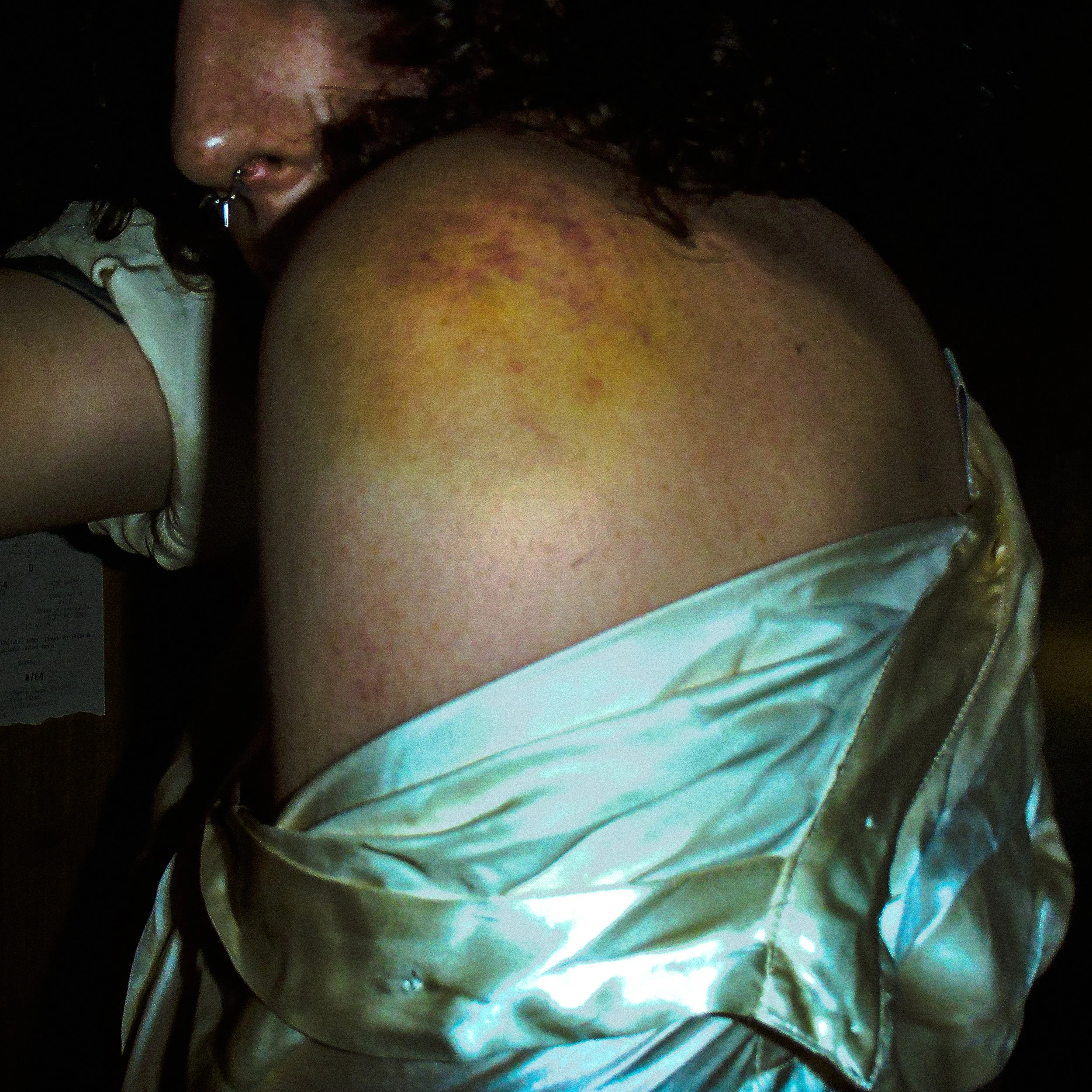 Close-up of a person's shoulder, arm, and neck, with the person's face partially visible and wearing a septum piercing, in a dimly lit environment.