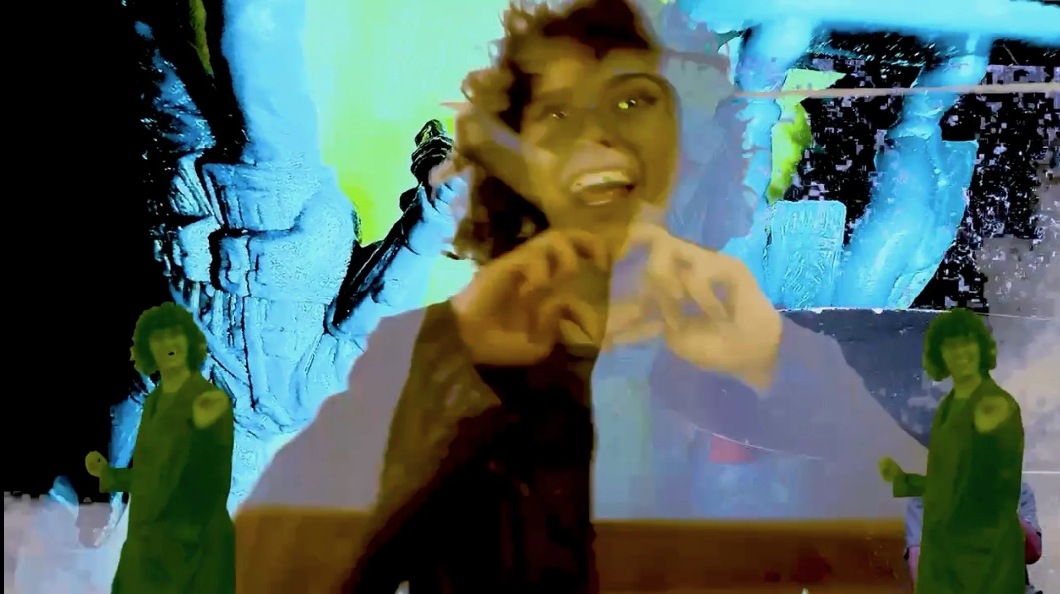 A person with short hair smiling and pointing to their mouth, superimposed over a background with abstract blue, green, and black textures, and two smaller, green-tinted images of women standing in different poses.