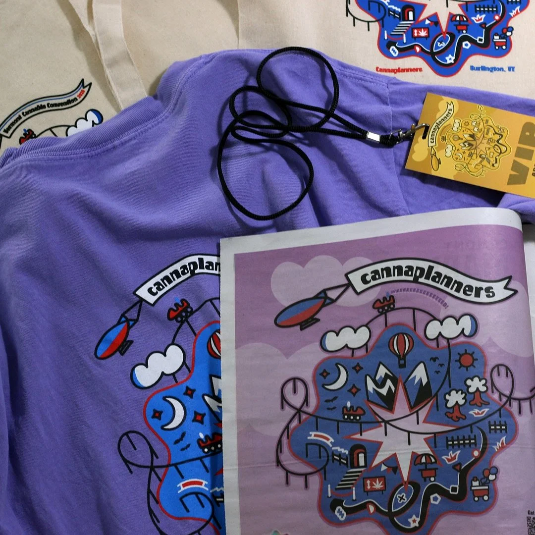 Illustration for a tote bag, tee shirt, VIP badge and full-page @sevendaysvt advertisement as part of @cannaplanners presence at the 2025 @necannevents Vermont Cannabis Convention. 

Seeing these tote bags filled with pre-rolls&amp;  passed around @d