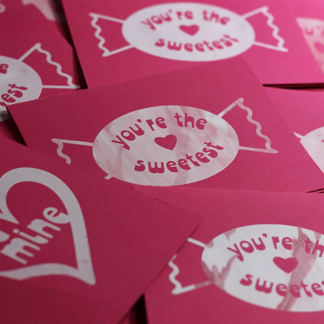🎶 finally, you put my blob on top 🎶

4x6&rdquo; hand-folded screen printed cards with *affectionate greetings* on deep pink cardstock 

I made these for @haileyharple last year, who was later sitting on the couch behind me while I was taking these 