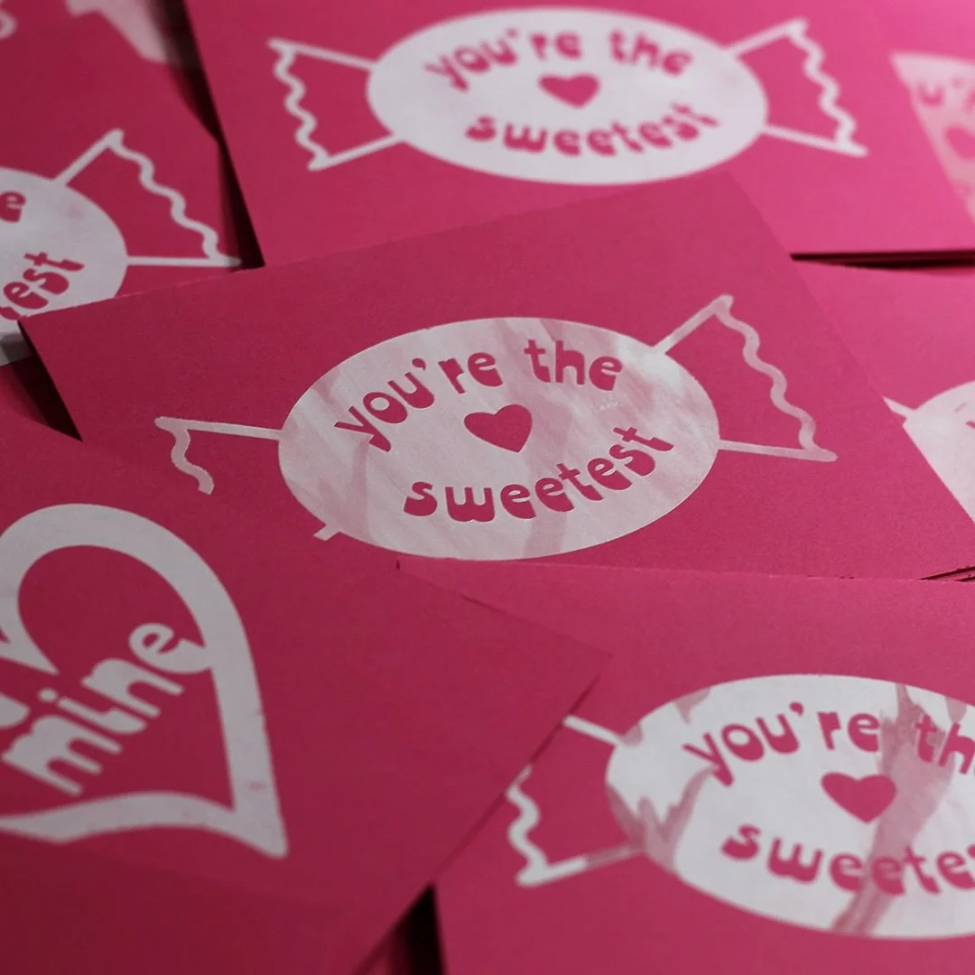 🎶 finally, you put my blob on top 🎶

4x6&rdquo; hand-folded screen printed cards with *affectionate greetings* on deep pink cardstock 

I made these for @haileyharple last year, who was later sitting on the couch behind me while I was taking these 