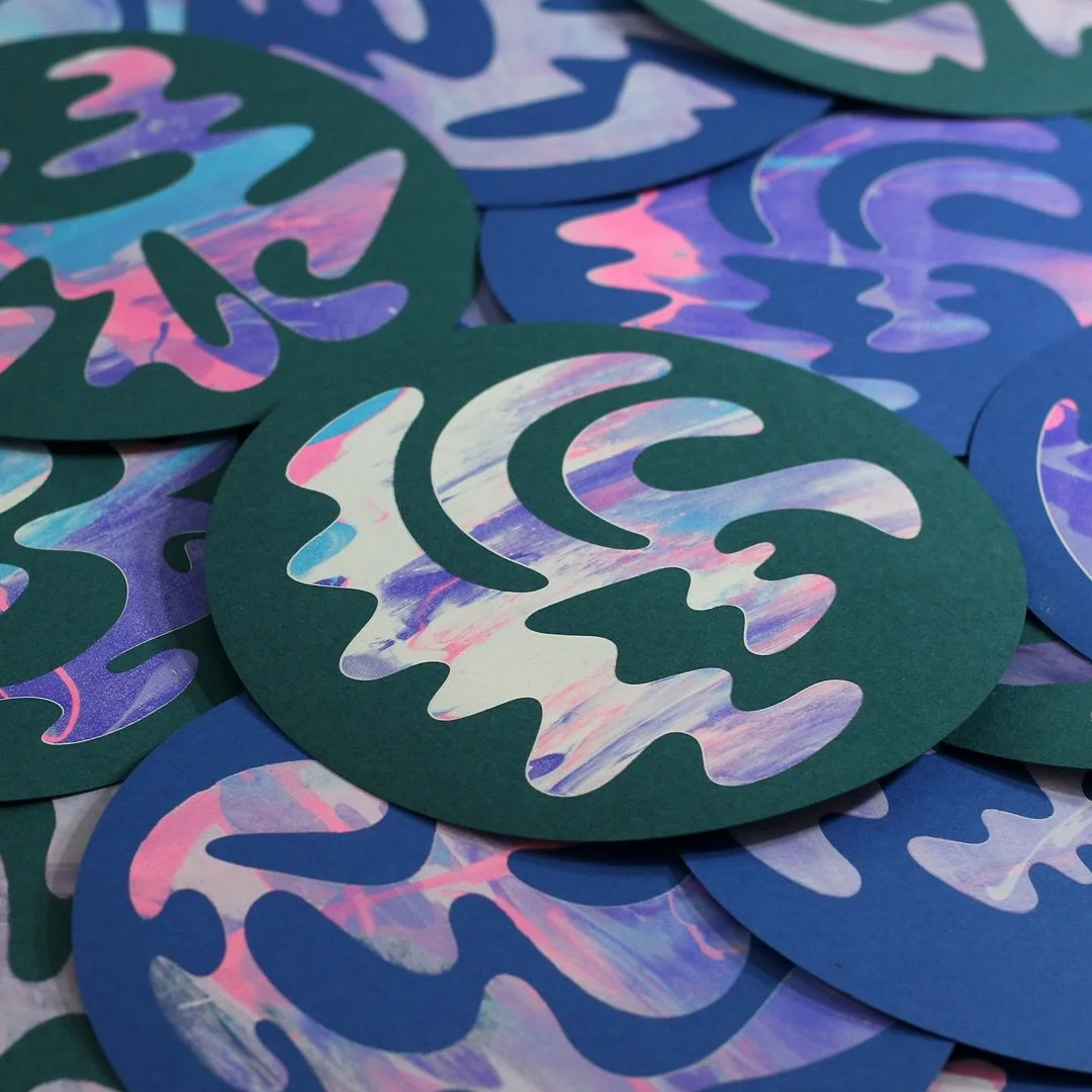 They ask me where my blobs been, I tell &lsquo;em they&rsquo;re (a)round! 

well-rounded blobs // round of a blobs 

Four different flowing forms, each uniquely printed on dark green and blue 8 inch circumference CIRCLE cardstock!!! Tons of vibrant v