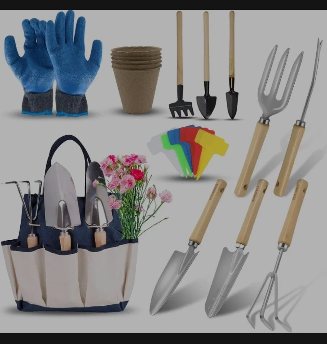 Gardening tools including blue gloves, plant pots, small gardening shovel, rake, hand trowel, gardening fork, flower scissors, seed packets, flowers, and a tool bag with more gardening tools.