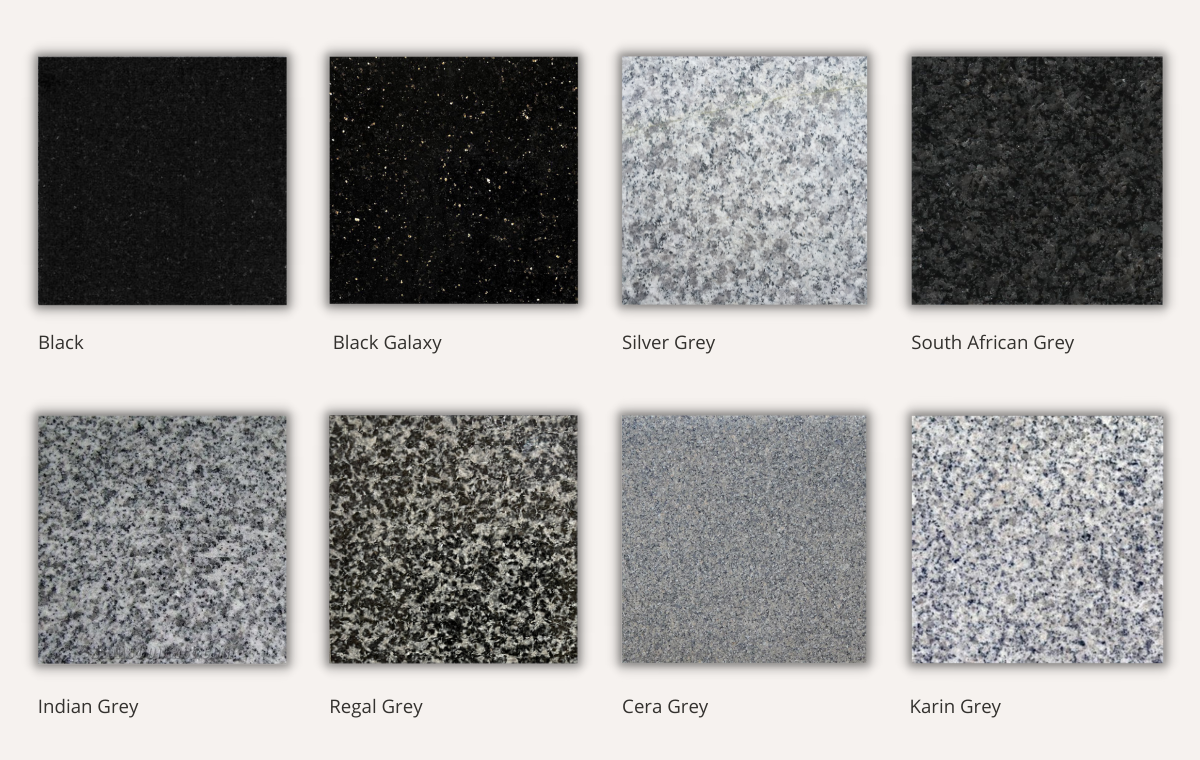 A grid of eight different granite texture samples, labeled from left to right and top to bottom: Black, Black Galaxy, Silver Grey, South African Grey, Indian Grey, Regal Grey, Cera Grey, Karin Grey.