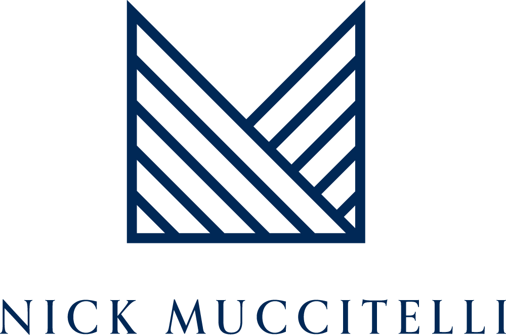 Logo with geometric square pattern composed of diagonal lines, and the text 'NICK MUCCITELLI' below.