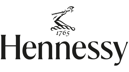 Close-up of the Hennessy logo with the brand name in large black letters, a stylized crest with a crown and a horse, and the year 1765.