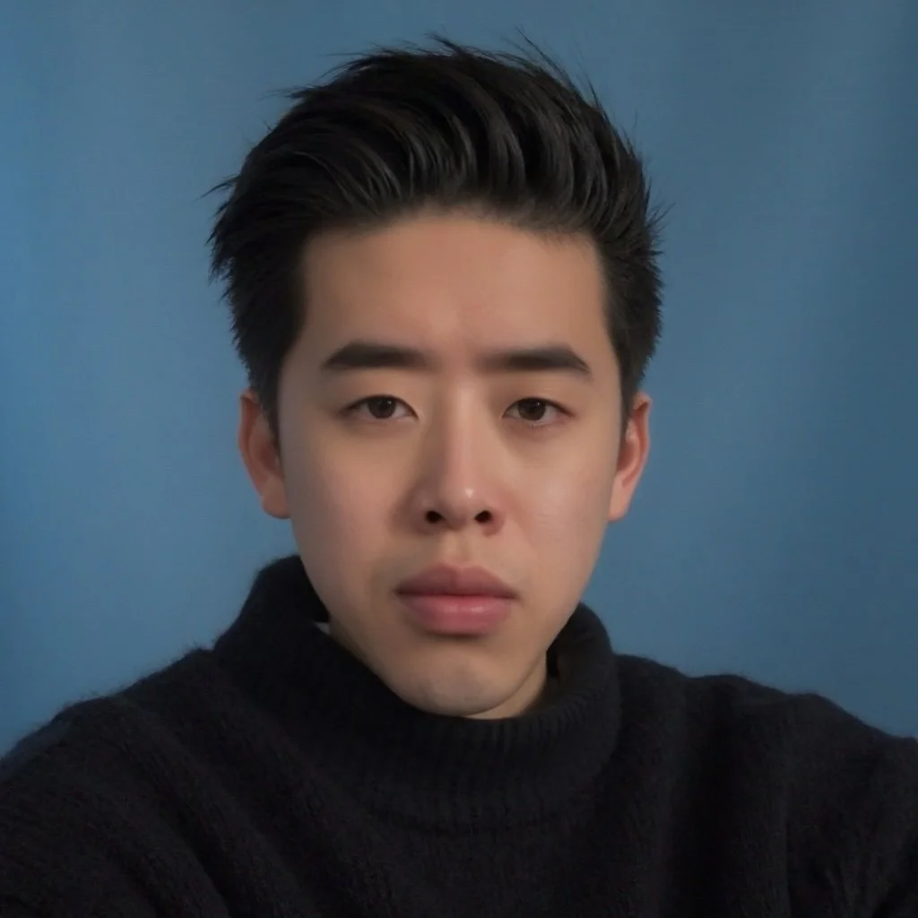 A young man with dark, styled hair wearing a black turtleneck sweater against a blue background.