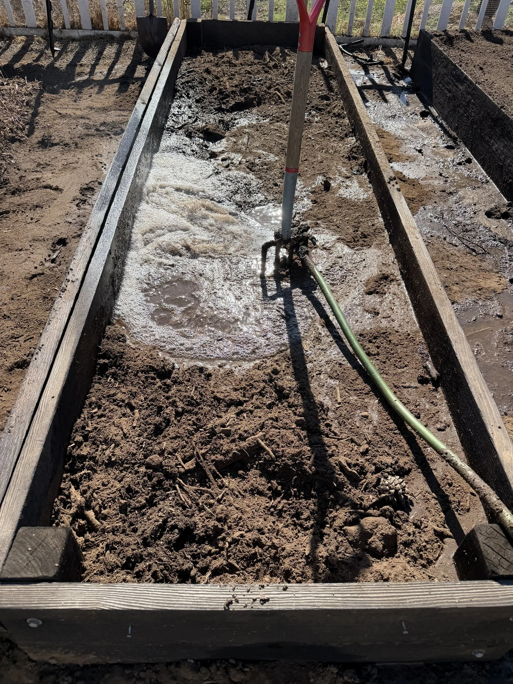 Water flowing into a growing bed, demonstrating improved water retention infrastructure