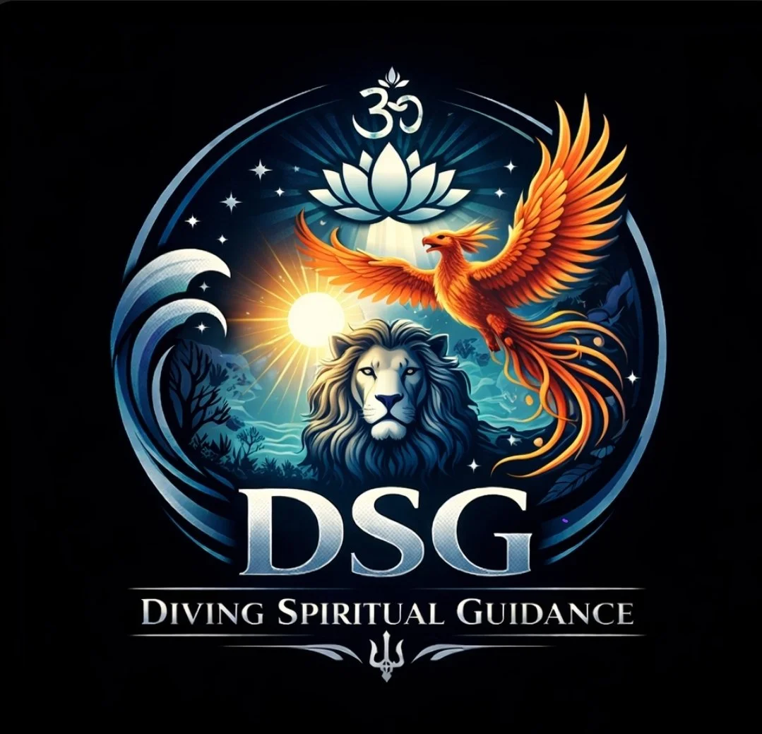 A graphic featuring a lion, a phoenix, a lotus flower, a sun, a moon, and stars, with the text 'DSG' and 'Diving Spiritual Guidance' beneath.