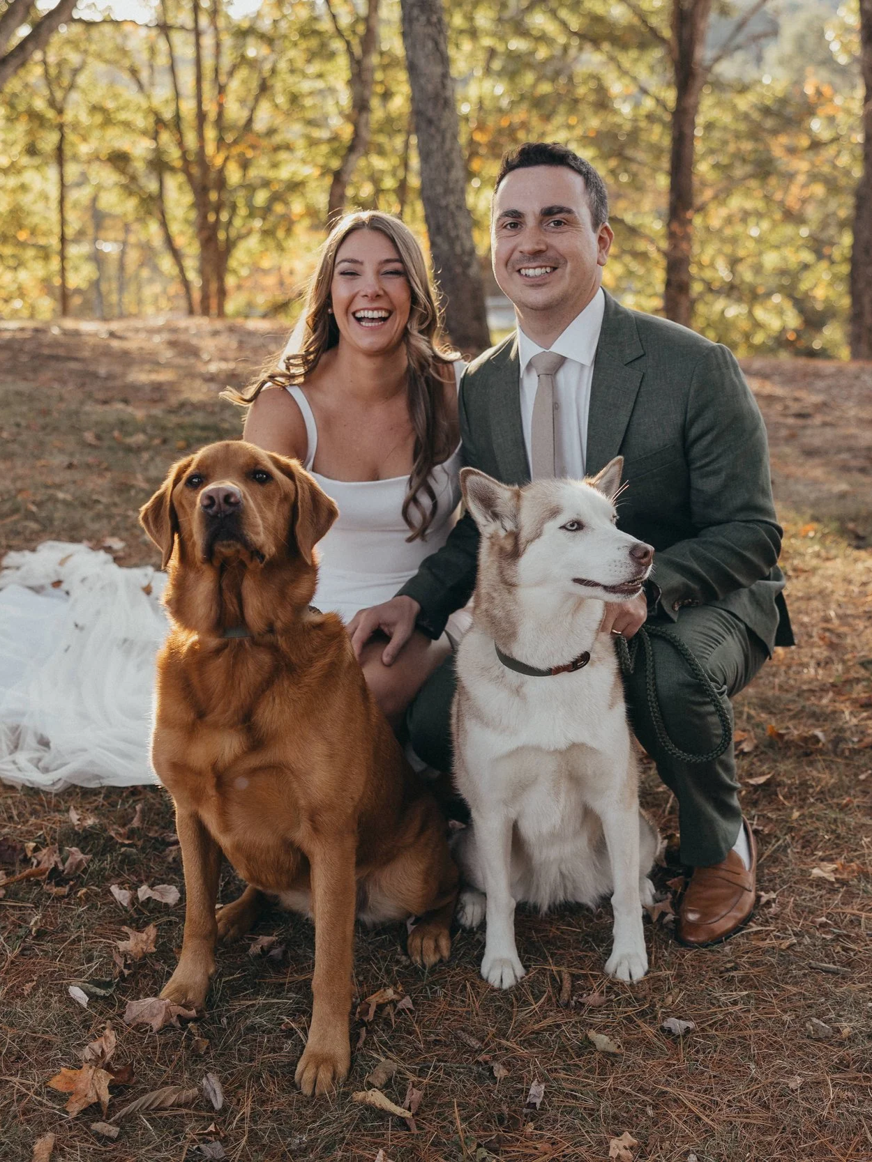 A happy couple with two dogs, outdoors in a forest setting during autumn. The woman is in a white dress and the man in a gray suit, all smiling at the camera.