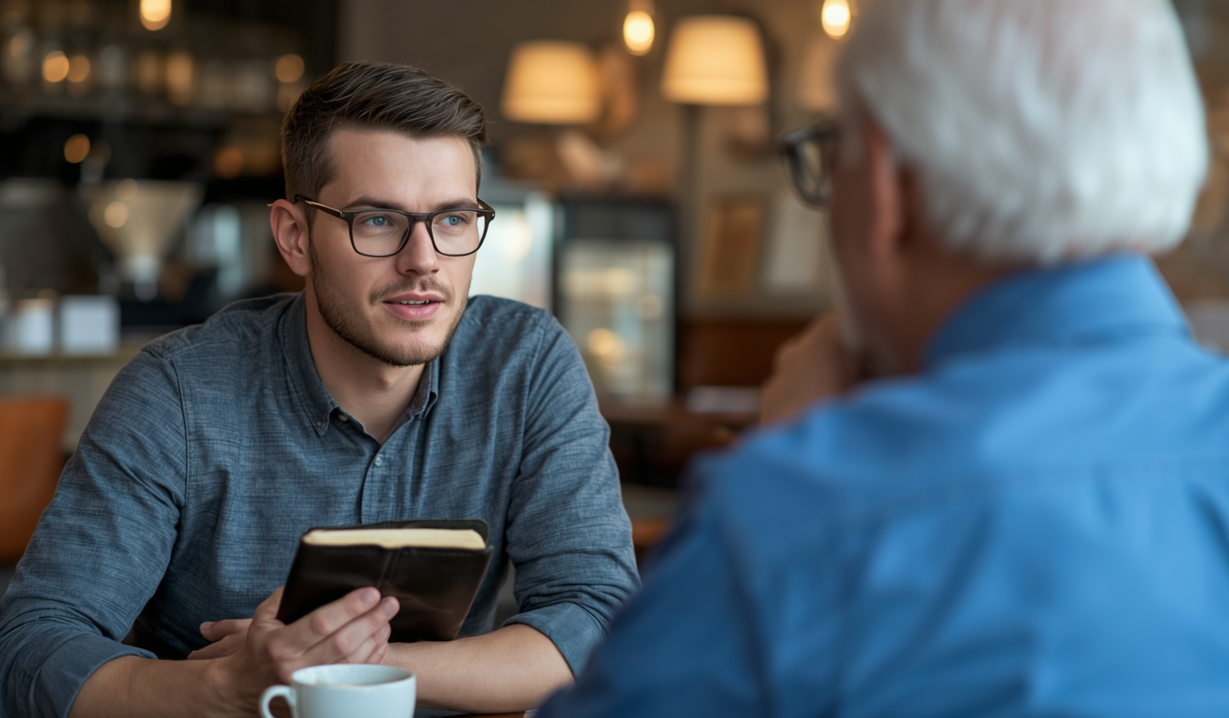A young man with short dark hair, glasses, and a gray shirt sitting at a table in a coffee shop, holding a smartphone and engaging in conversation with an older woman with white hair and glasses, who is partially visible. There is a white coffee mug on the table.