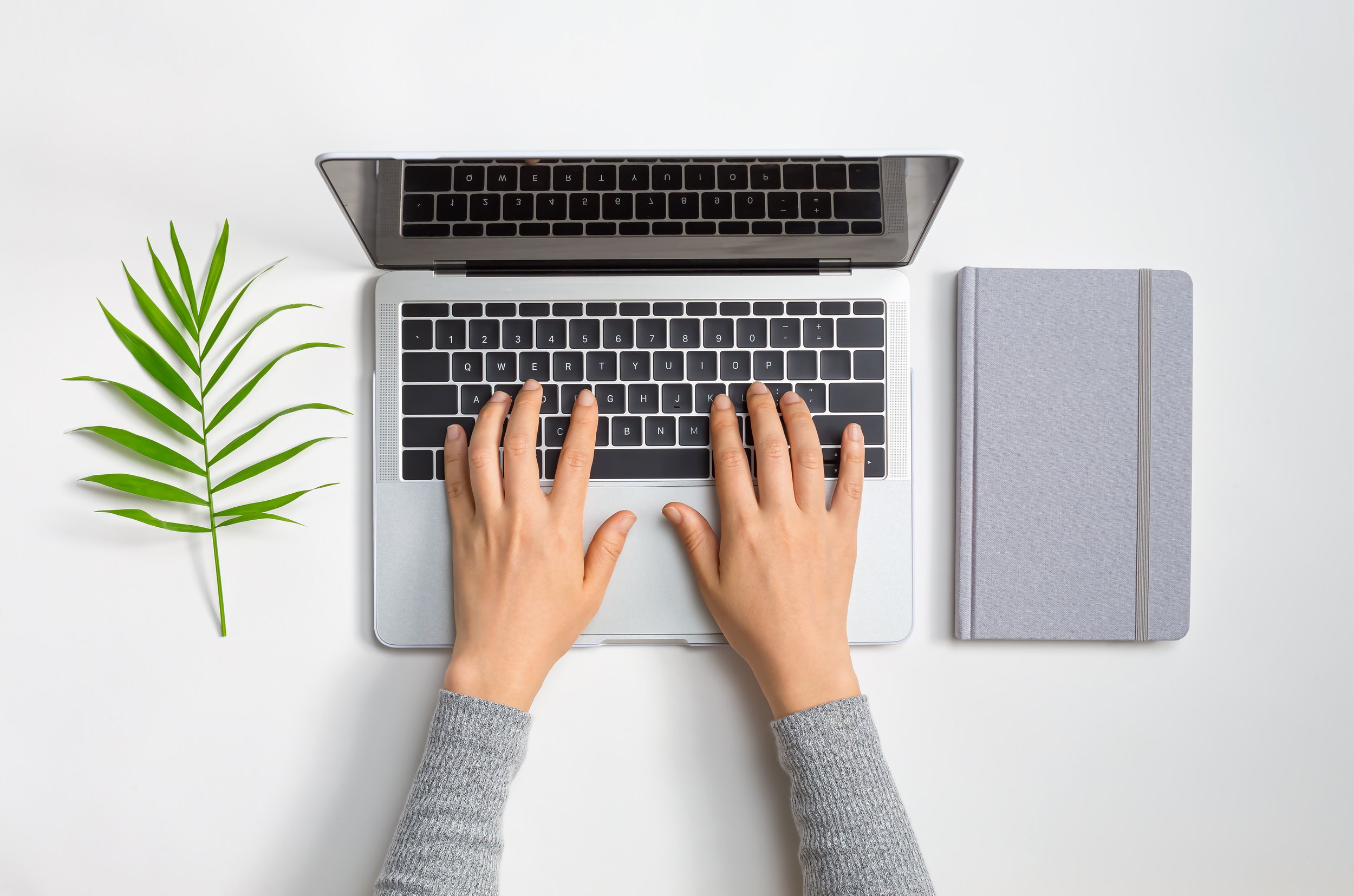 A person with gray sweater typing on a silver laptop with black keyboard on a white desk. A green leaf on the left and a closed gray notebook on the right.