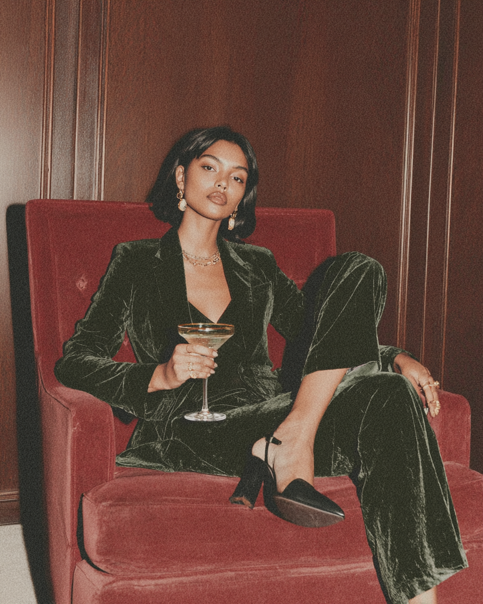 Woman sitting on a red velvet armchair holding a cocktail glass, dressed in a velvet black suit, with short black hair, jewelry, and wearing black heels.