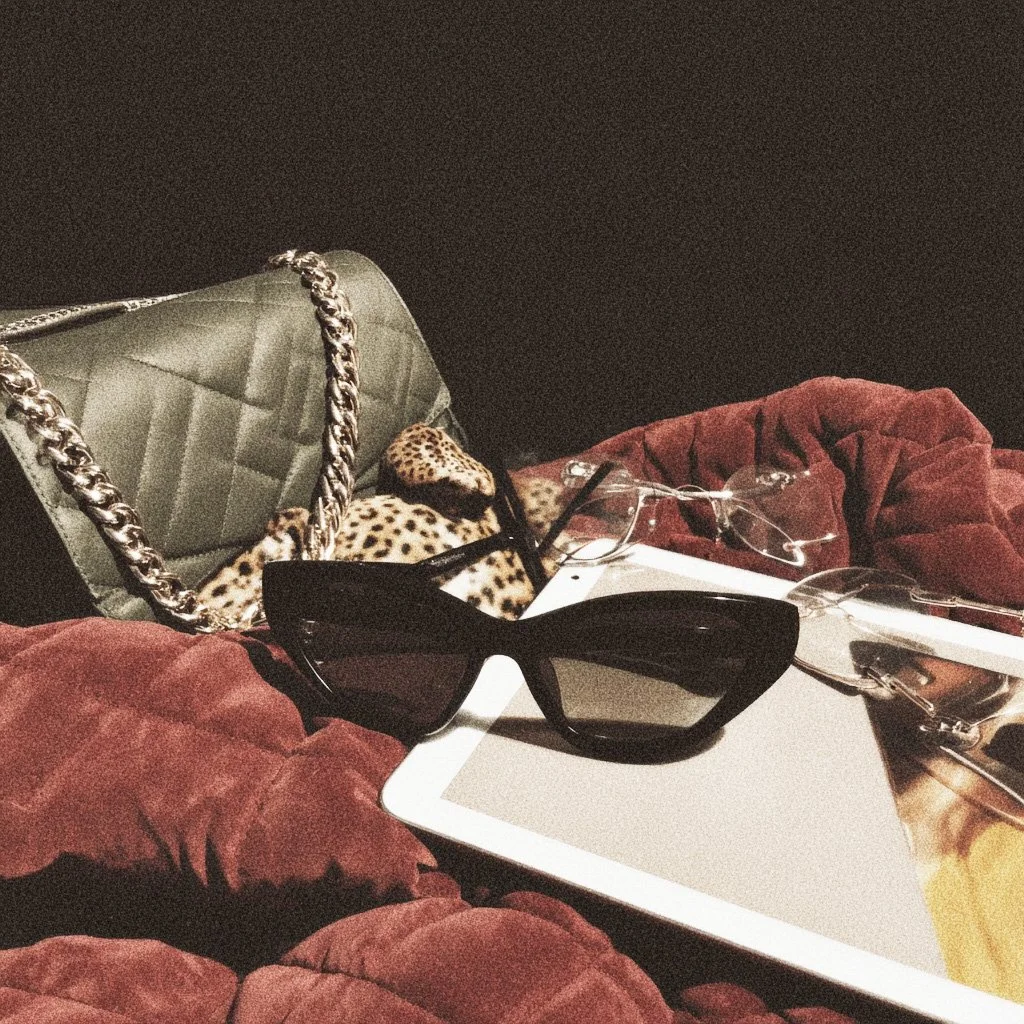 A collection of fashion and personal accessories on a dark background, including a white tablet, black sunglasses, clear eyeglasses, a leopard print cloth, a green quilted purse with a silver chain, and a red velvet cloth.