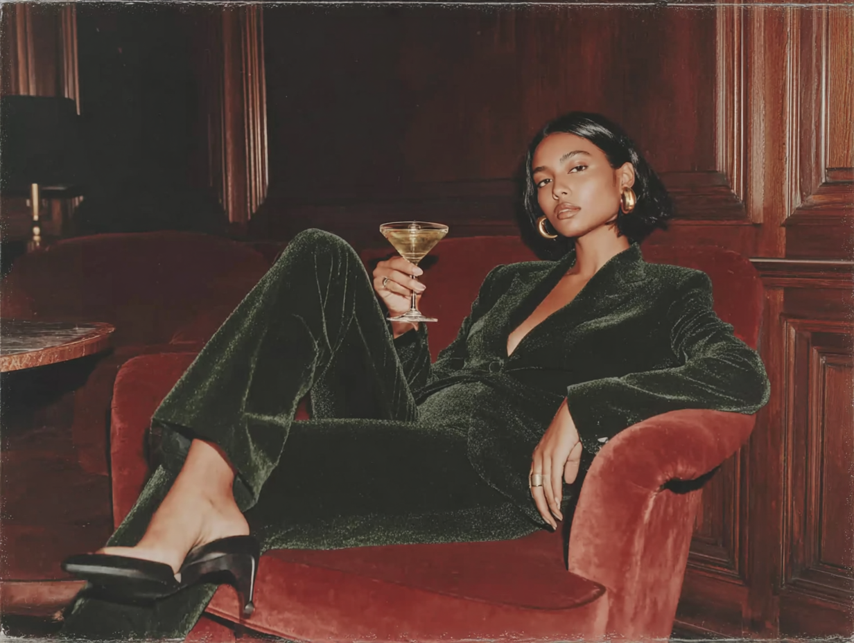 A woman with short black hair and gold hoop earrings sitting on a red velvet armchair in a wood-paneled room. She is wearing a dark green velvet suit, black high heels, and holding a martini glass.