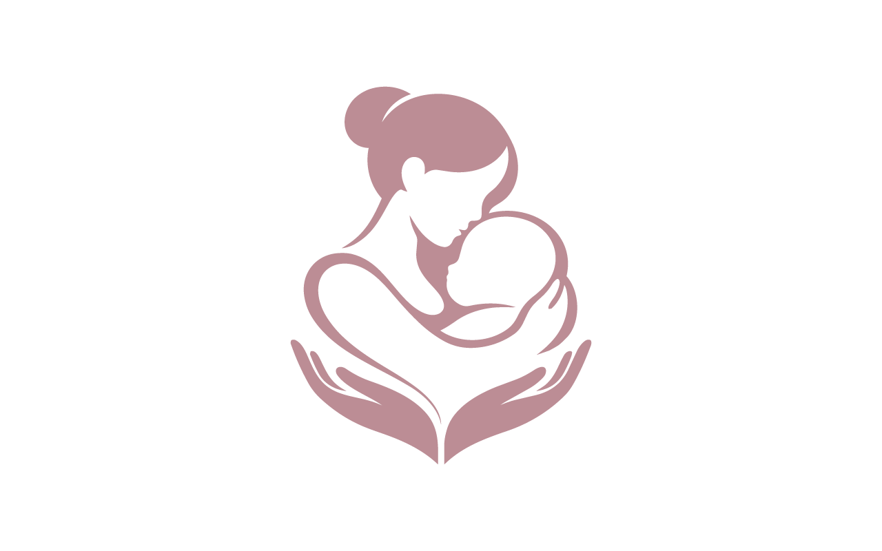 Silhouette of a mother holding a baby, with hands cradling the child, surrounded by a heart-shaped outline.