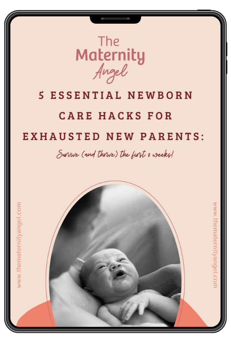 Cover page for a guide titled 'The Maternity Angel: 5 Essential Newborn Care Hacks for Exhausted New Parents'. It features a black and white photo of a newborn baby held by a parent, with text and website URL on a pastel pink background.