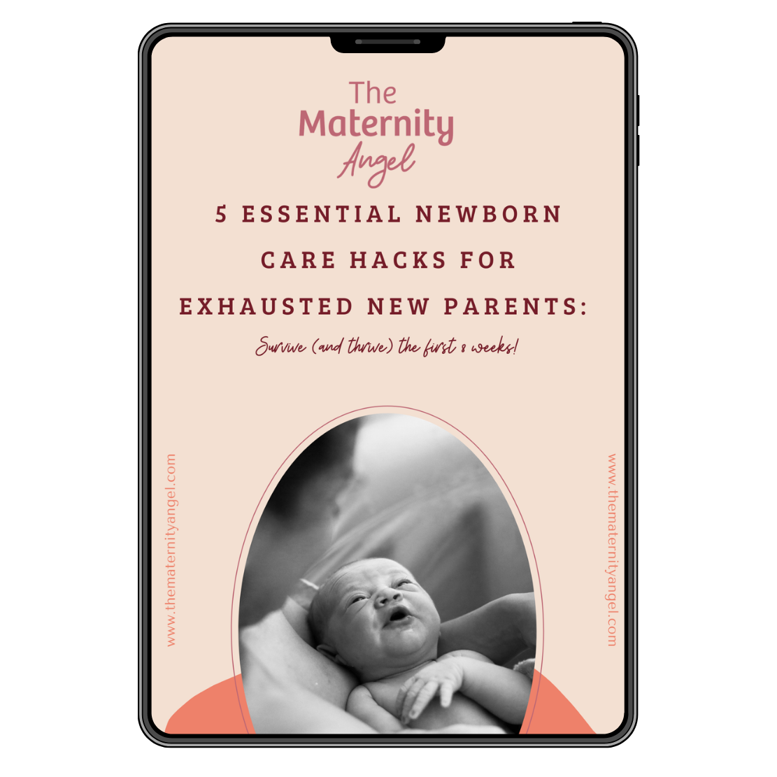 Promo for The Maternity Angel, offering five essential newborn care hacks for exhausted new parents, featuring a black and white photo of a newborn baby being held.