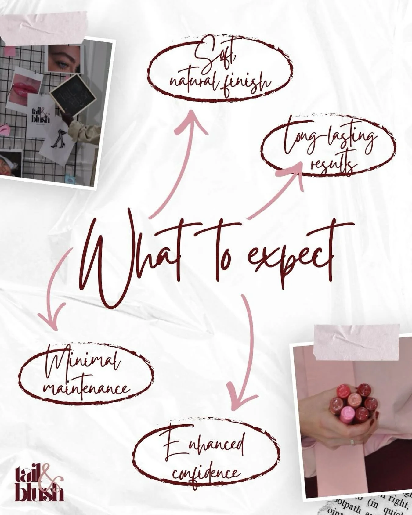 What to expect ✨

Soft, natural results that heal beautifully over time 💖

We guide you every step of the way 🤍

#TailAndBlush #WhatToExpect #LipBlush #BrowTransformation #BeautyResults
