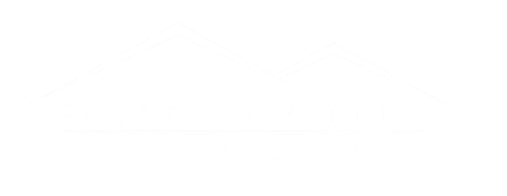 Black background with white logo of two mountain peaks and the text 'Paradise Valley Home Care'.