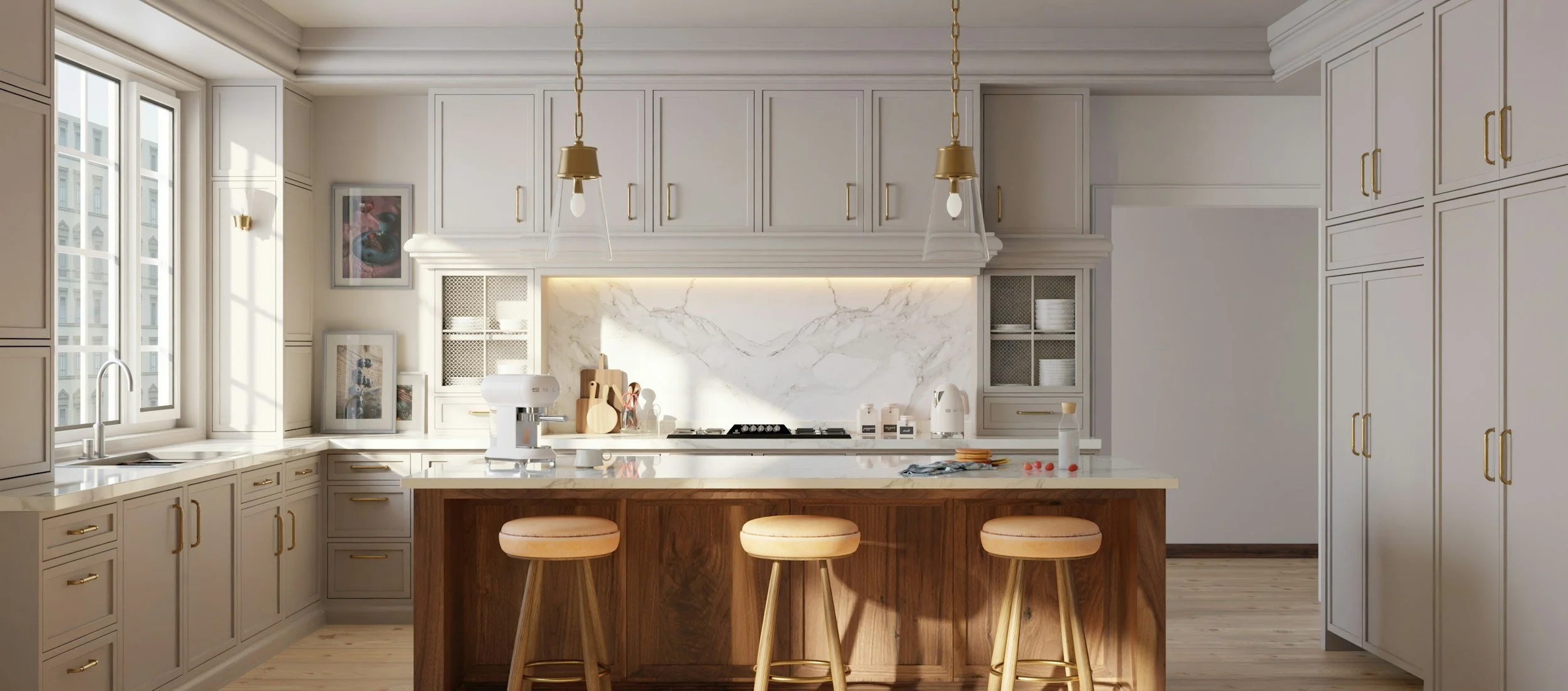 Modern kitchen with white cabinetry, marble backsplash, kitchen island with stools, pendant lights, and large windows.